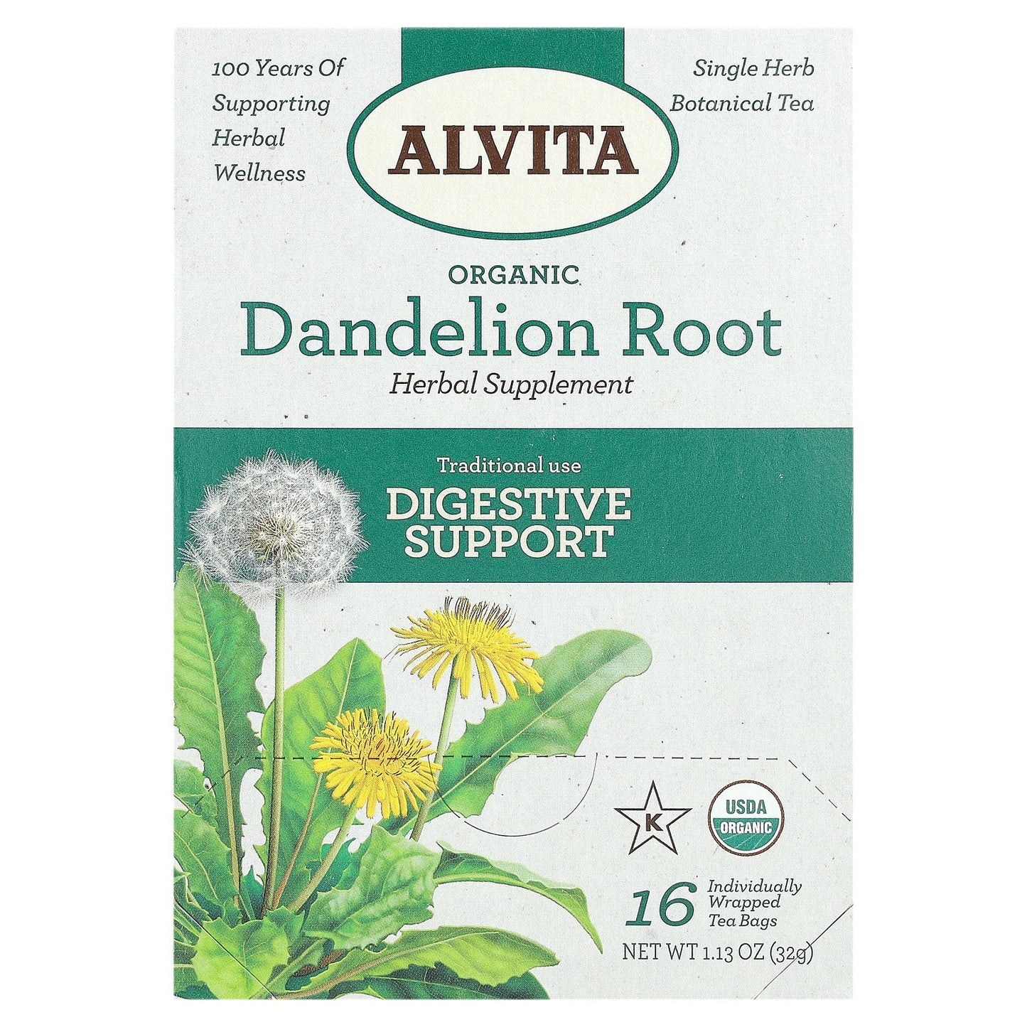 Alvita Teas, Organic Botanical Tea, Dandelion Root, Caffeine Free, 16 Individually Wrapped Tea Bags, 1.13 oz (32 g)