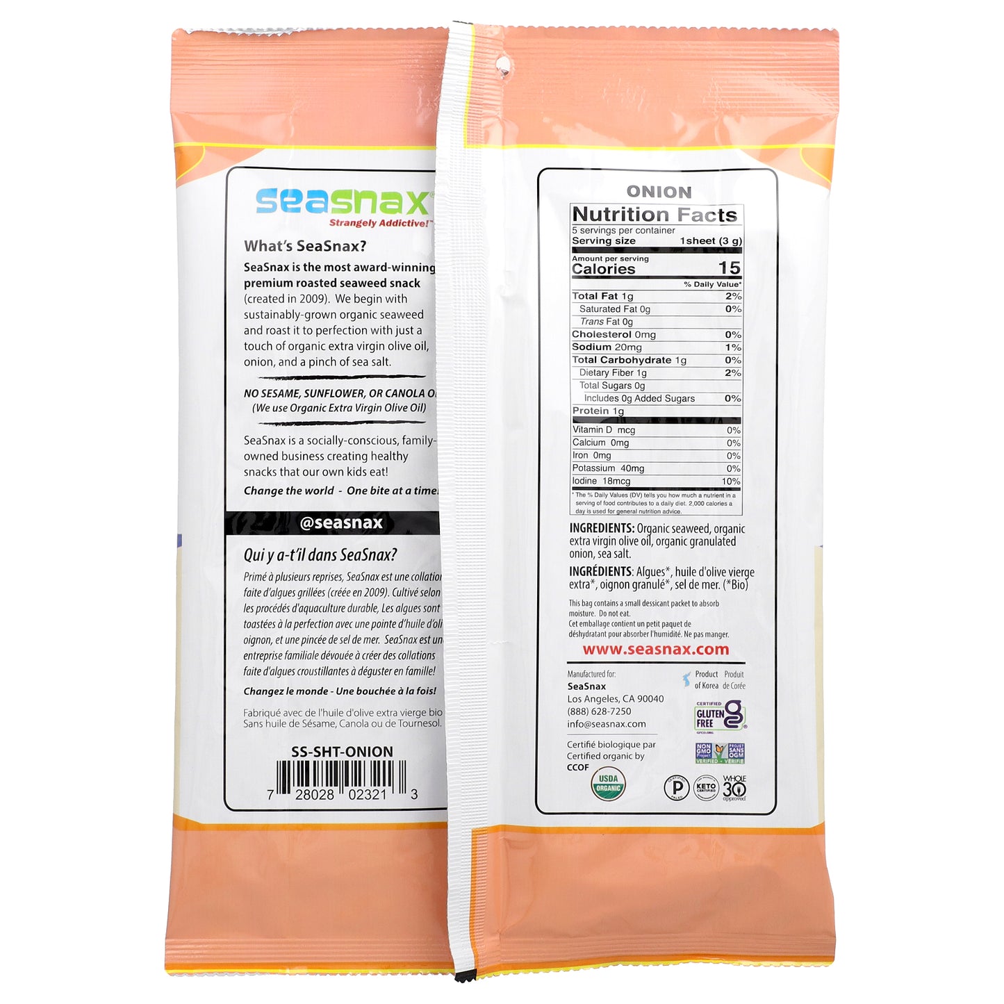 SeaSnax, Organic Roasted Seaweed Wrapz with Extra Virgin Olive Oil & Sea Salt, Toasty Onion, 5 Large Sheets, 0.54 oz (15 g)