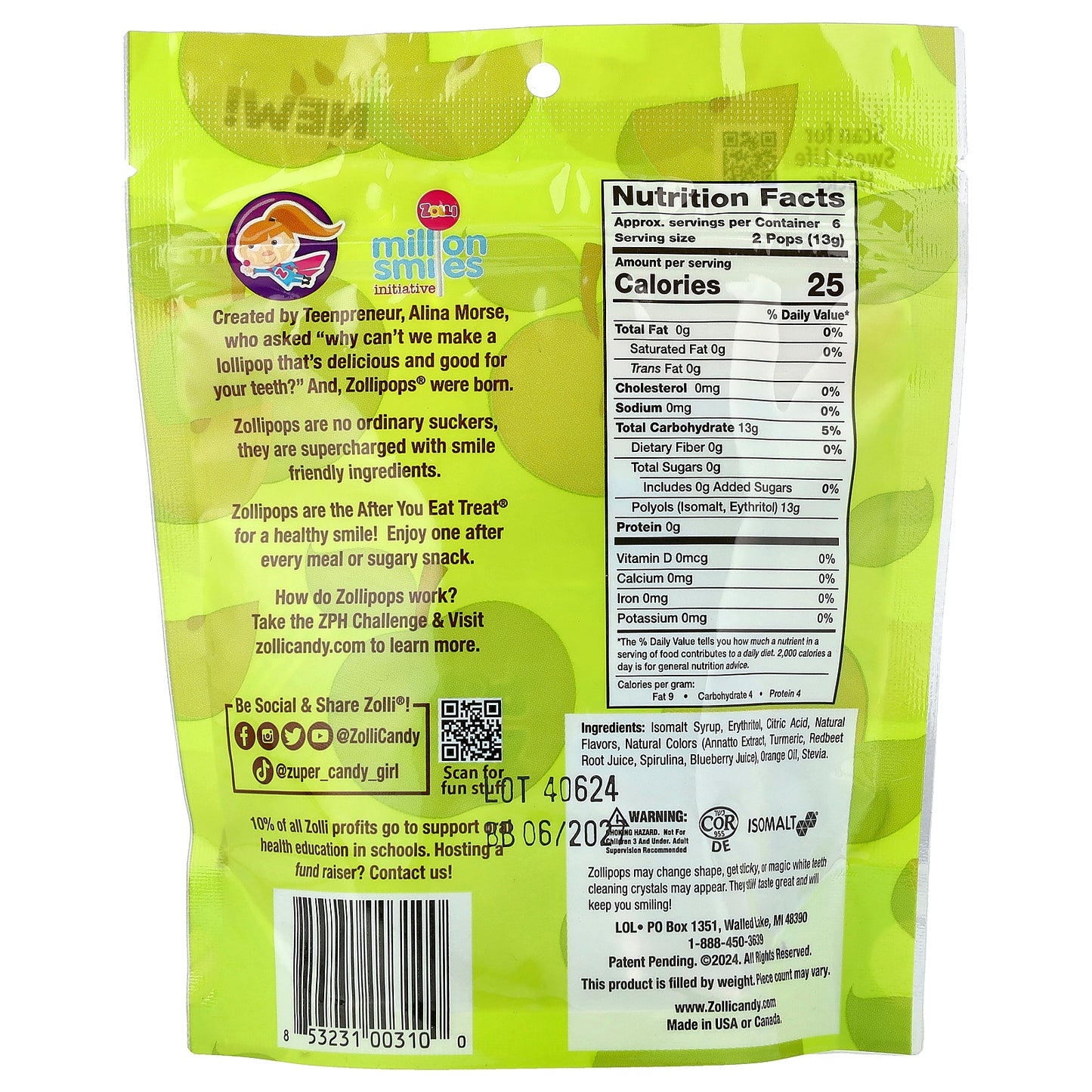 Zollipops, The Clean Teeth Pops, Green Apple, 3.1 oz (88 g)