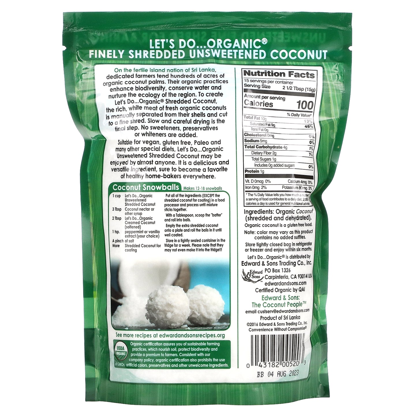 Edward & Sons, Let's Do Organic, 100% Organic Unsweetened Shredded Coconut, 8 oz (227 g)