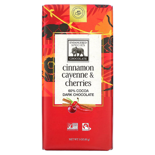 Endangered Species Chocolate, Dark Chocolate Bar, Cinnamon Cayenne & Cherries, 60% Cocoa, 3 oz (85 g)