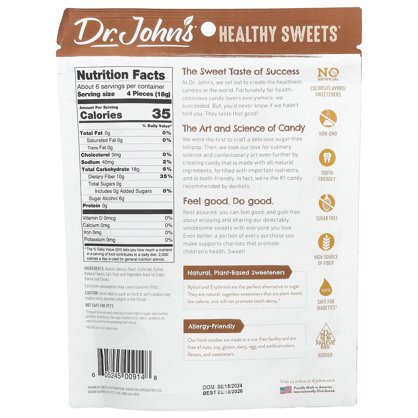 Dr. John's Healthy Sweets, Butterscotch Hard Candy, + Fiber, Sugar Free, 3.85 oz (109 g)