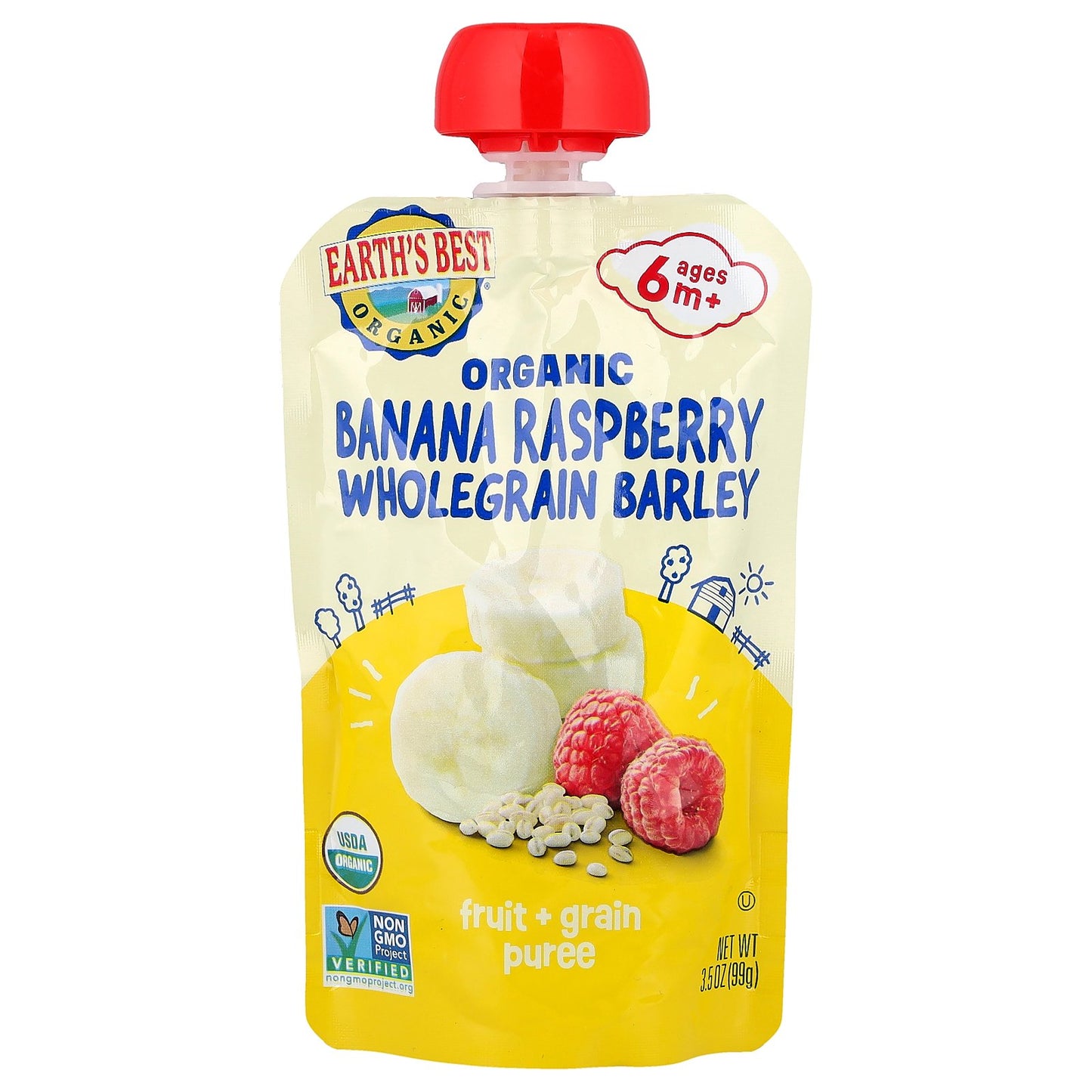 Earth's Best, Organic Fruit & Grain Puree, 6+ Months, Banana, Raspberry & Brown Rice, 3.5 oz (99 g)