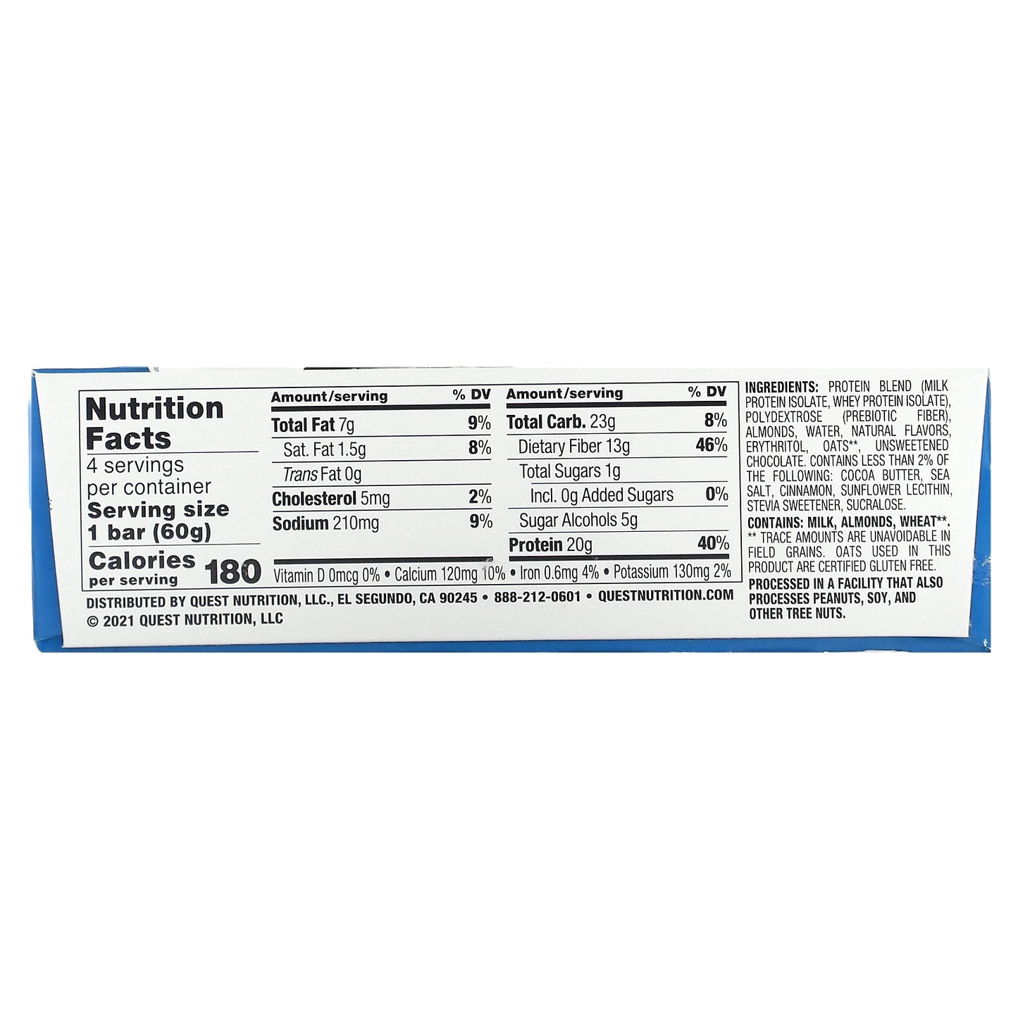 Quest Nutrition, Protein Bar, Oatmeal Chocolate Chip, 4 Bars, 2.12 oz (60 g) Each