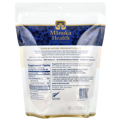 Manuka Health, Manuka Honey Lozenges, Natural Lemon, MGO 400+, 58 Lozenges
