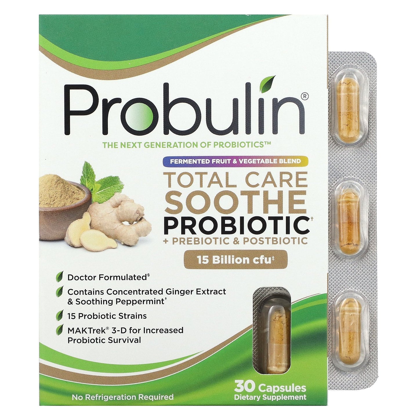 Probulin, Total Care Soothe Probiotic + Prebiotic & Postbiotic, 15 Billion CFU, 30 Capsules