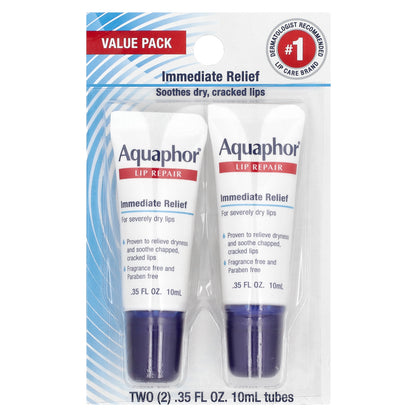 Aquaphor, Lip Repair, Immediate Relief, Fragrance Free, 2 Tubes, 0.35 fl oz (10 ml) Each