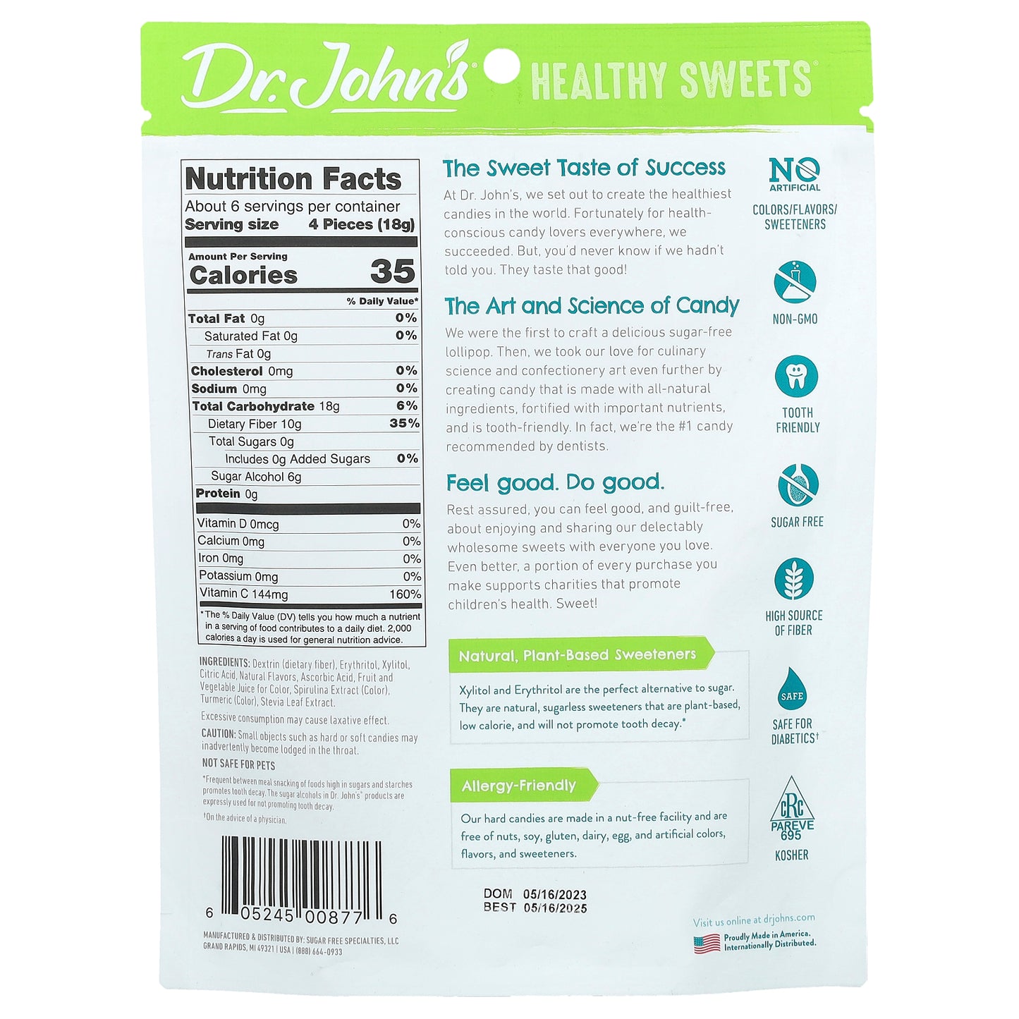 Dr. John's Healthy Sweets, Assorted Hard Candy, + Fiber & Vitamin C, Watermelon, Green Apple, & Strawberry, 3.85 oz (109 g)