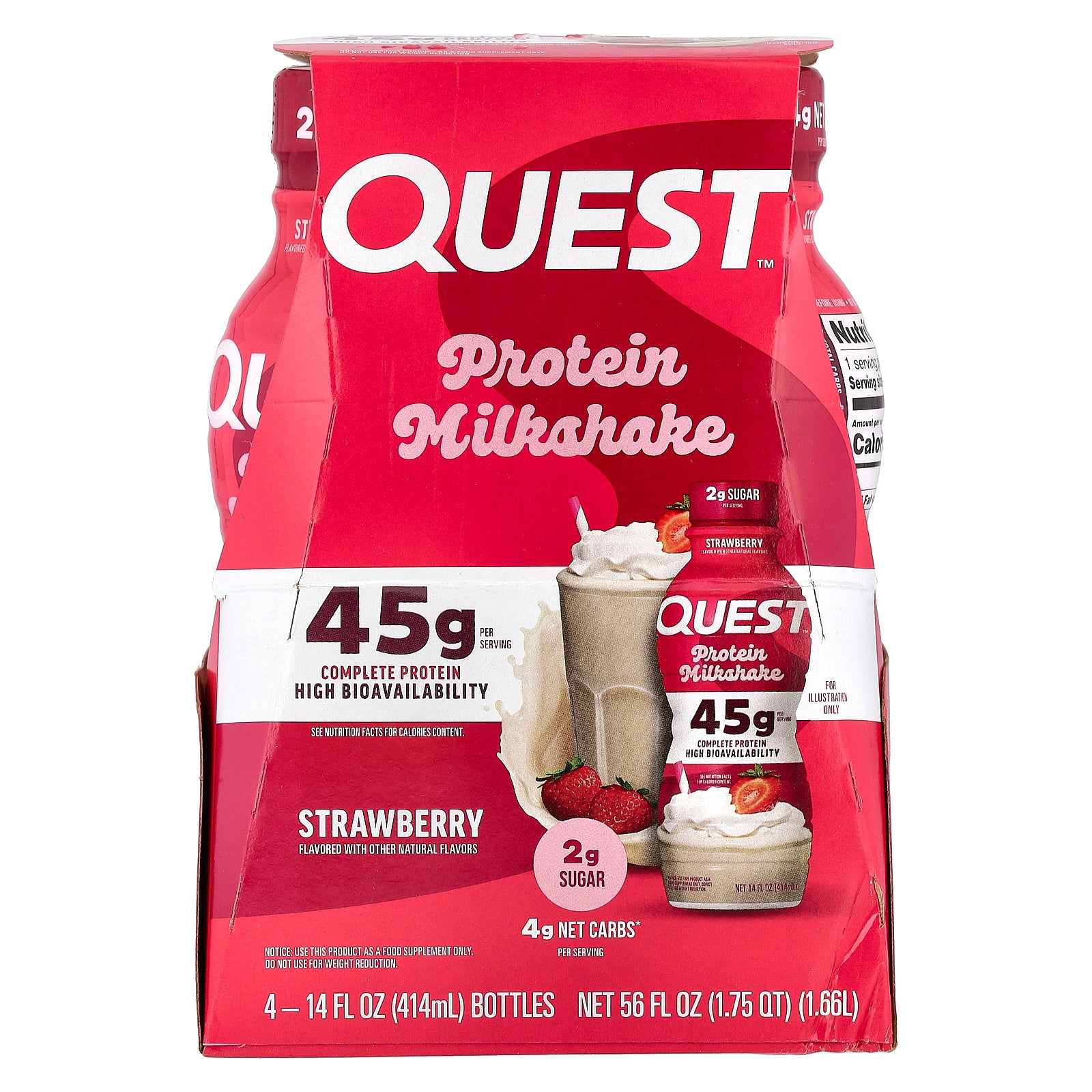 Quest Nutrition, Protein Milk Shake, Strawberry, 4 Bottles, 14 fl oz (414 ml) Each