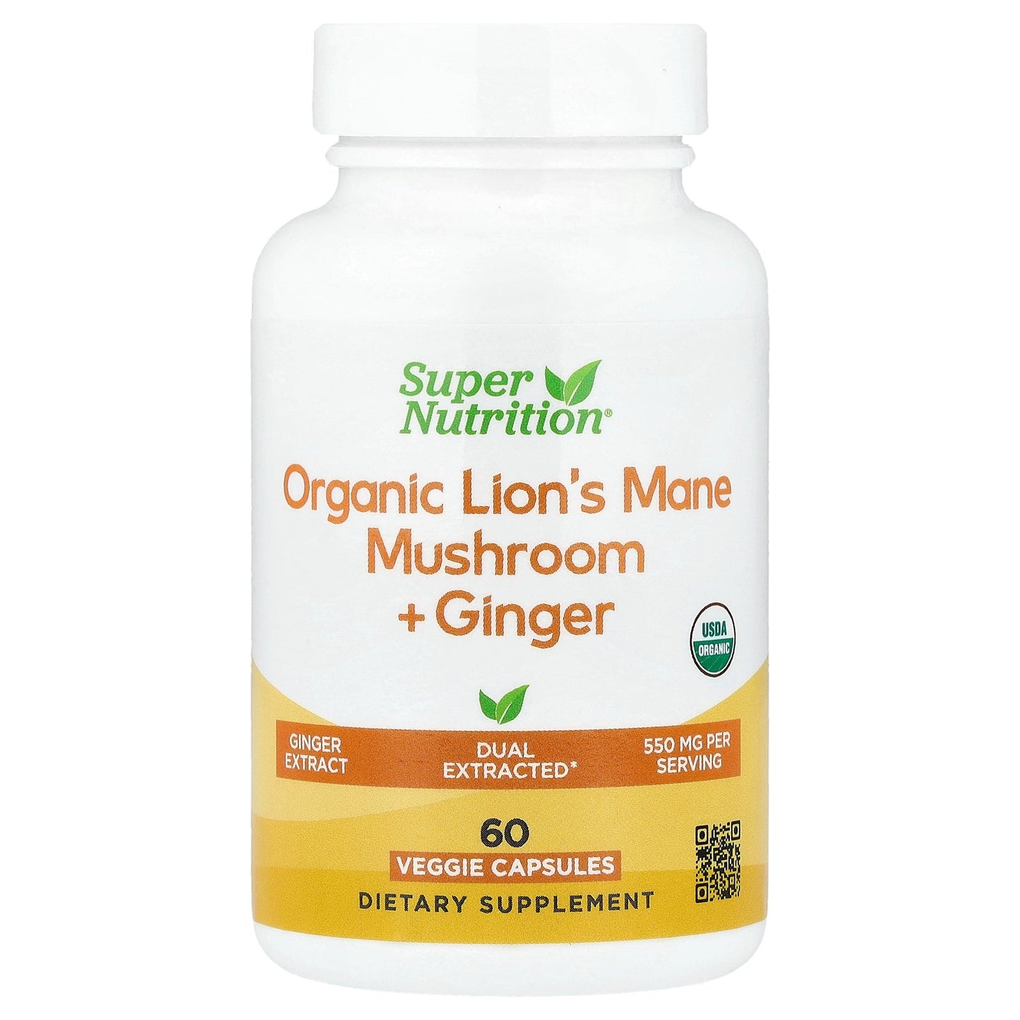 Super Nutrition, Organic Lion's Mane Mushroom + Ginger, 60 Veggie Capsules