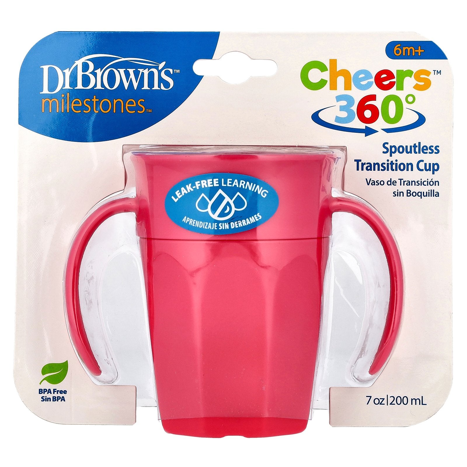 Dr. Brown's, Milestones™, Cheers360™, Spoutless Transition Cup, 6 Months +, Pink, 7 oz (200 ml)