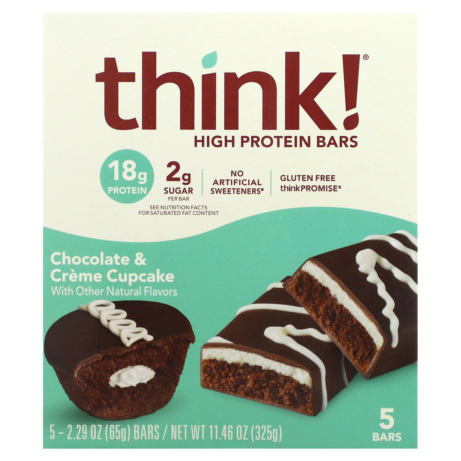 Think !, High Protein Bars, Chocolate & Creme Cupcake, 5 Bars, 2.29 oz (65 g) Each