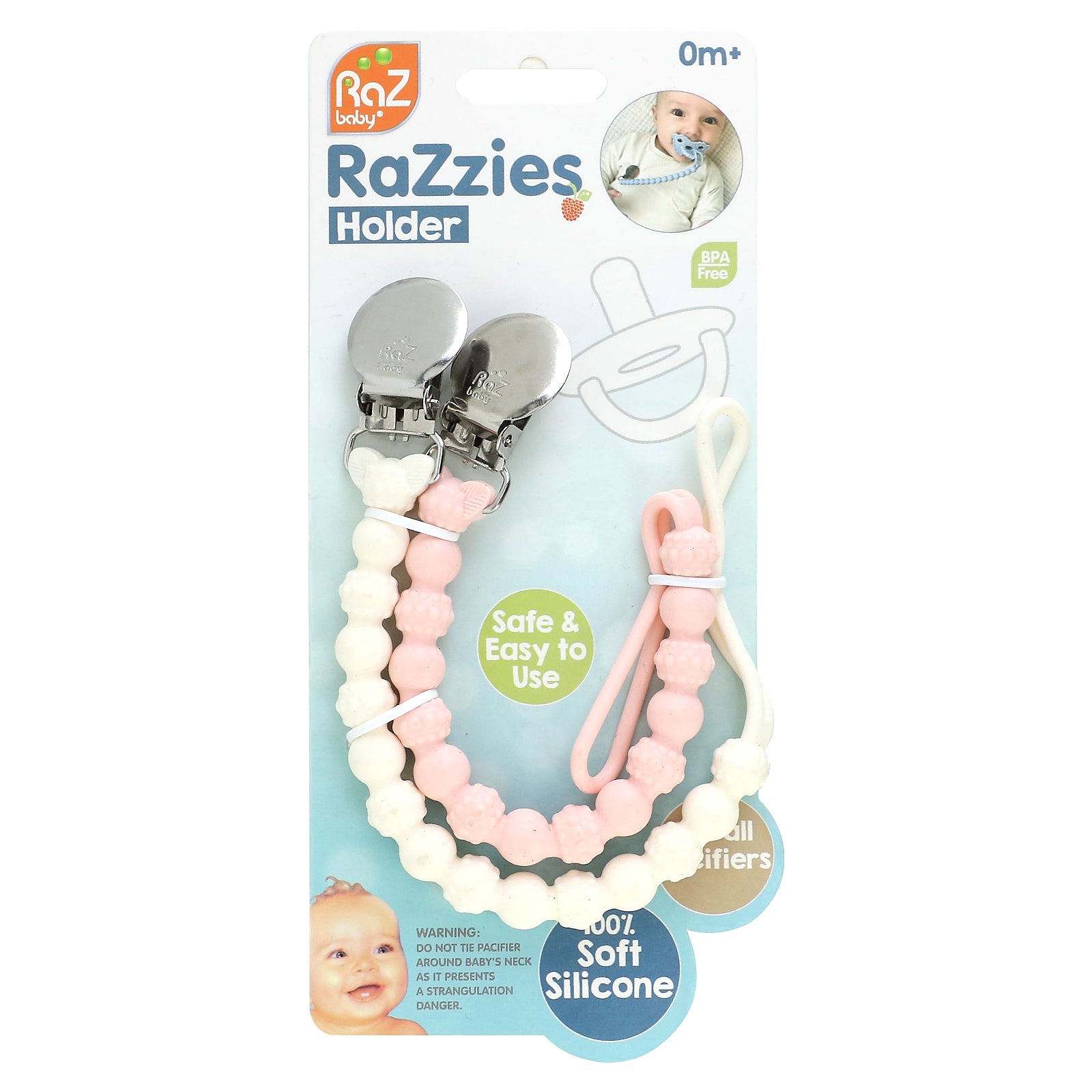 RaZbaby, RaZzies Pacifier Holder, 0m+, Pink/Beige, 2 Holders