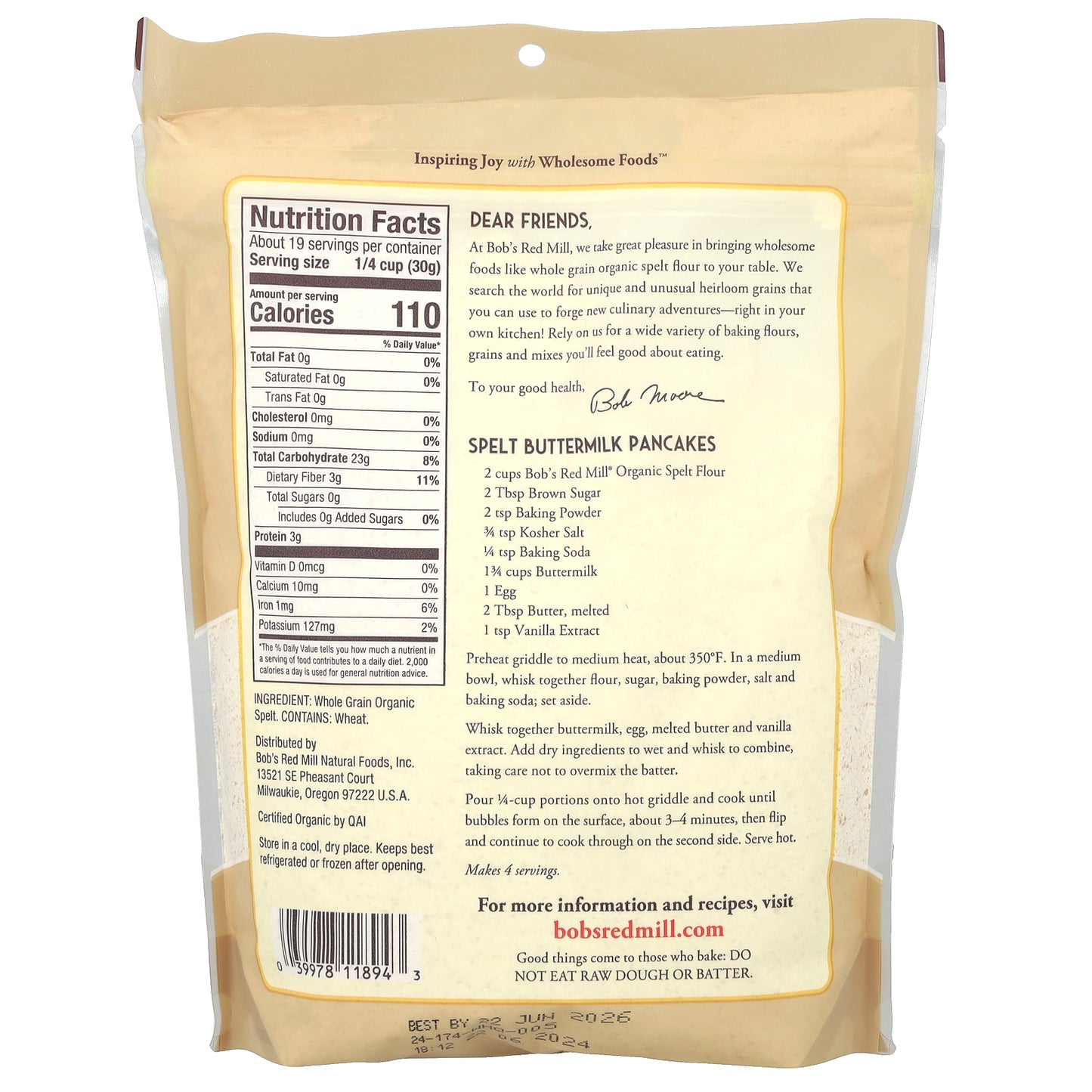 Bob's Red Mill, Organic Spelt Flour, Whole Grain, 20 oz (567 g)