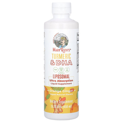 MaryRuth's, Turmeric & DHA Liposomal Liquid Supplement, Orange Ginger, 15.22 fl oz (450 ml)