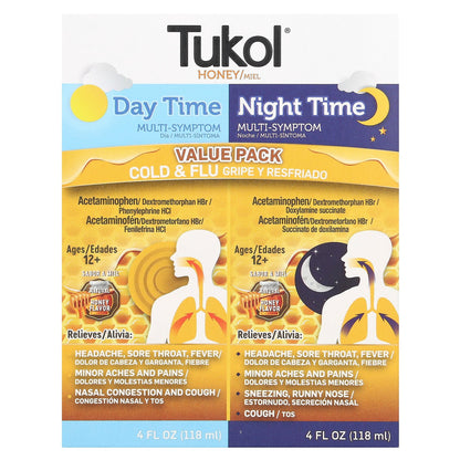 Tukol, Honey. Multi-Symptom Cold & Flu, Day Time & Night Time Value Pack, Ages 12+, Natural Honey, 2 Pack, 4 fl oz (118 ml) Each
