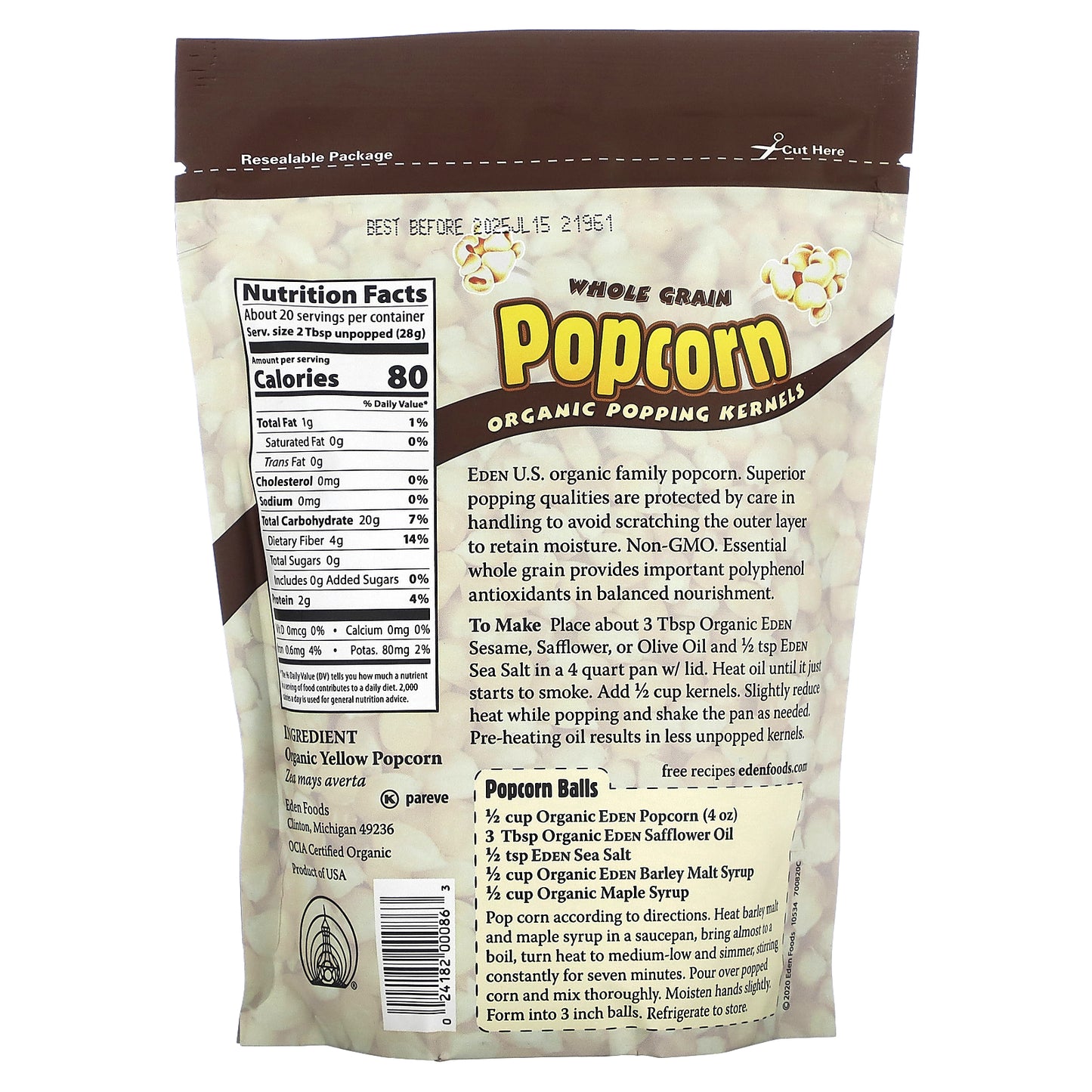 Eden Foods, Popcorn, Organic Popping Kernels, 20 oz (566 g)