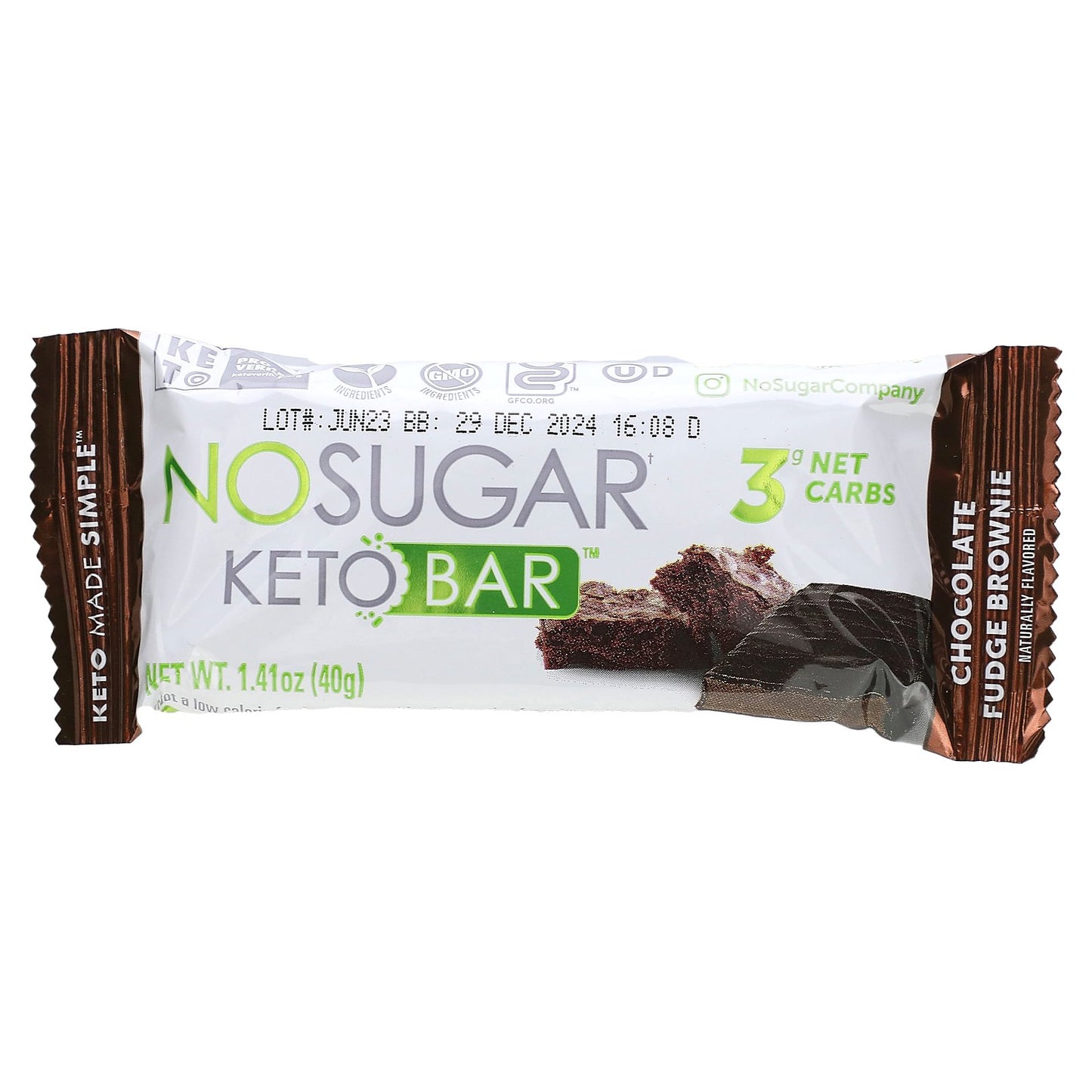 No Sugar Company, Keto Bar, Chocolate Fudge Brownie, 12 Bars, 1.41 oz (40 g) Each