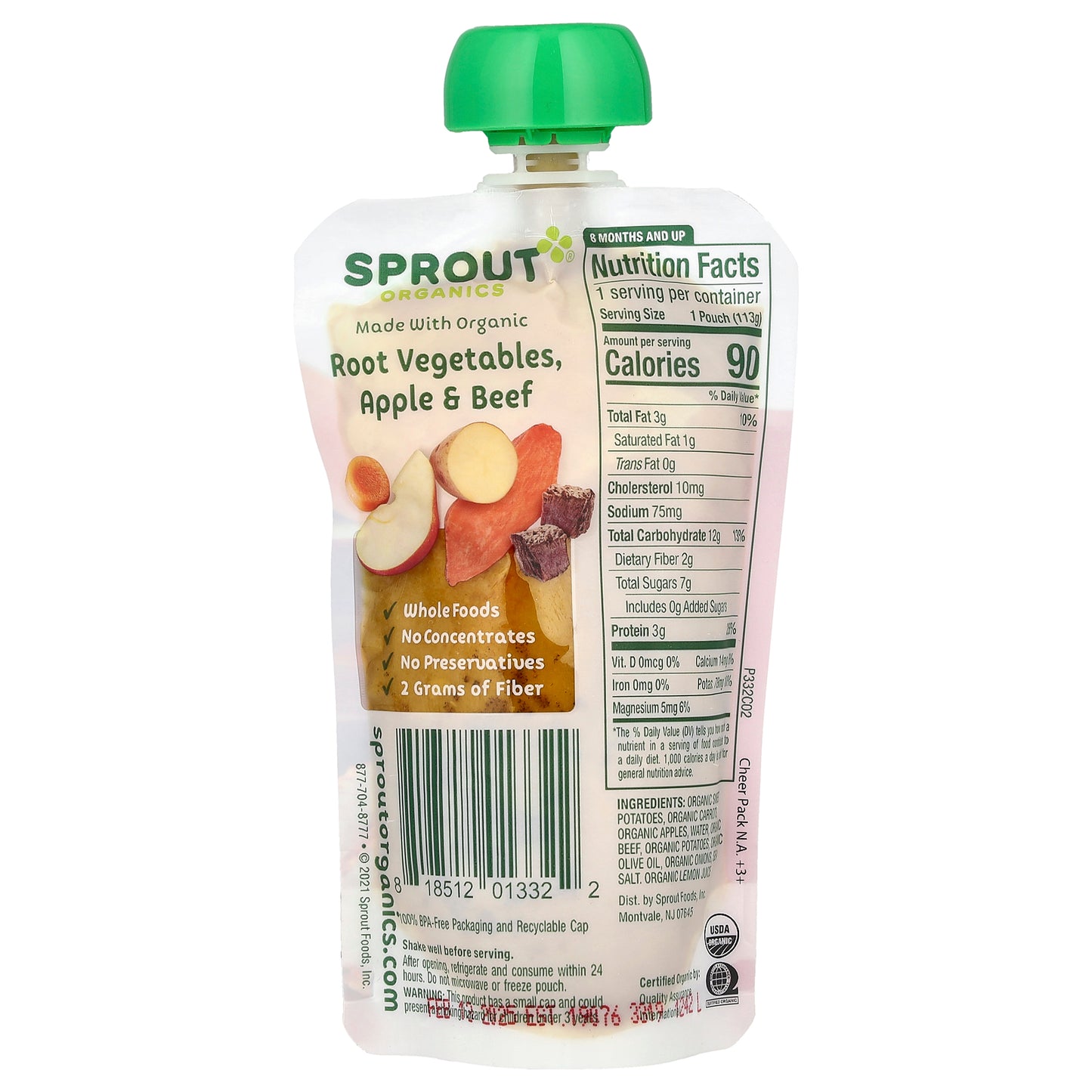 Sprout Organics, Baby Food, 8 Months & Up, Protein, Organic Root Vegetables, Apple & Beef, 4 oz (113 g)