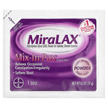 MiraLAX, Mix-In Pack, Grit Free , Unflavored, 20 Packets 0.5 oz (17 g) Each