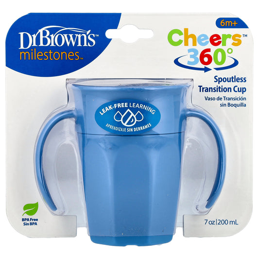 Dr. Brown's, Milestones™, Cheers360™, Spoutless Transition Cup, 6 Months +, Blue, 7 oz (200 ml)