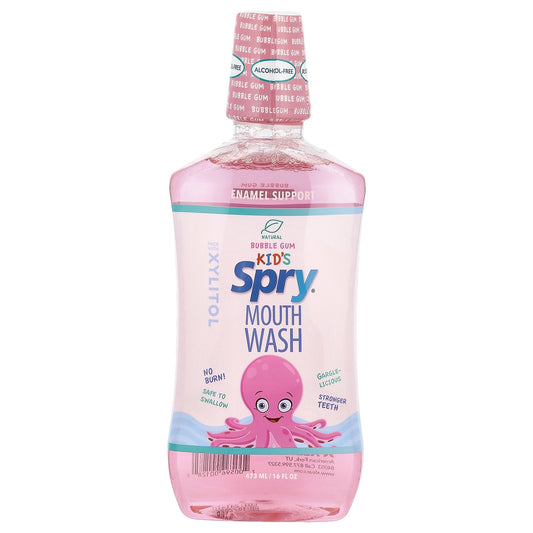 Xlear, Kid's Spry® Mouth Wash, Enamel Support, Alcohol-Free, Bubble Gum, 16 fl oz (473 ml)