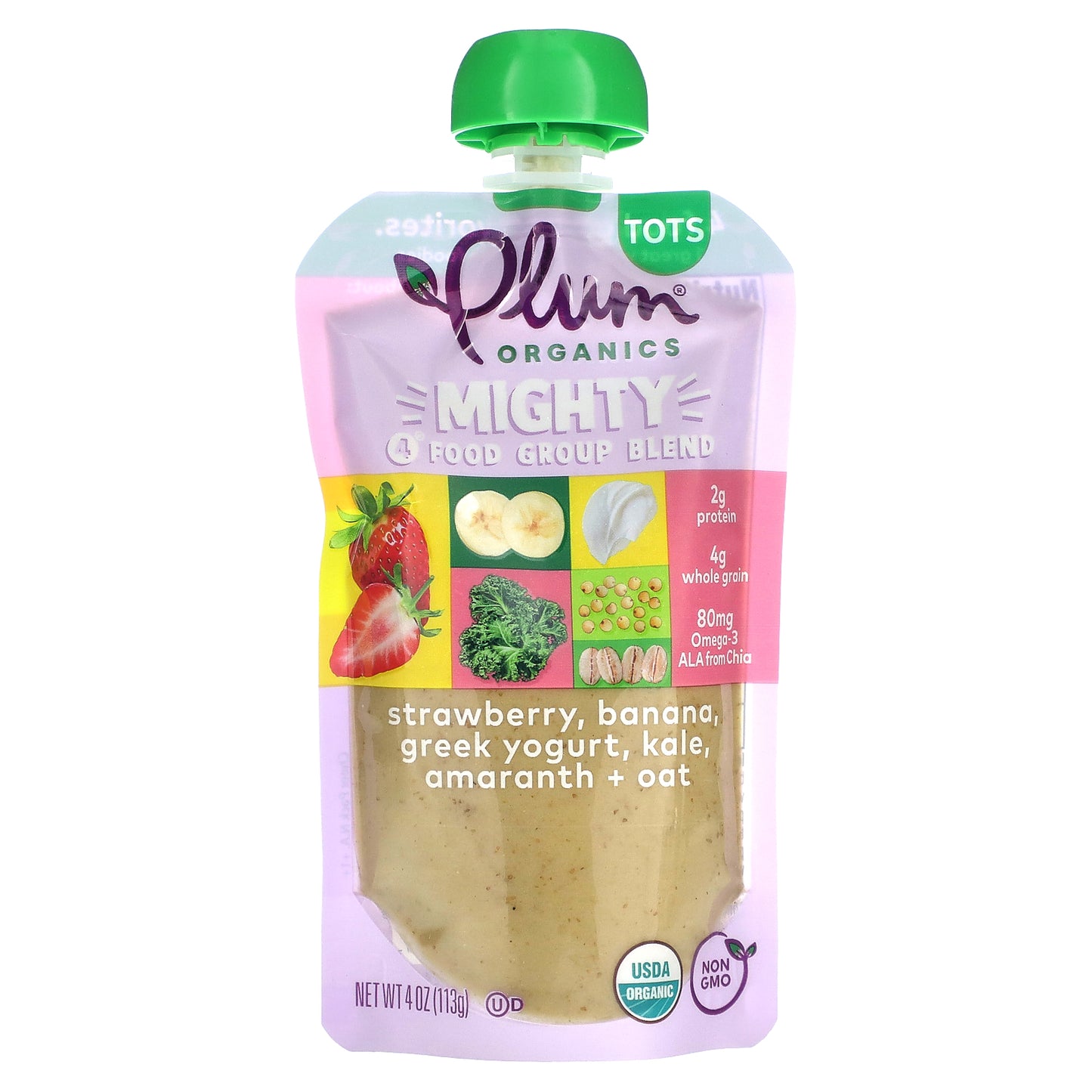 Plum Organics, Mighty Food Group Blend, Tots, Strawberry, Banana, Greek Yogurt, Kale, Amaranth, Oat, 4 oz (113 g)