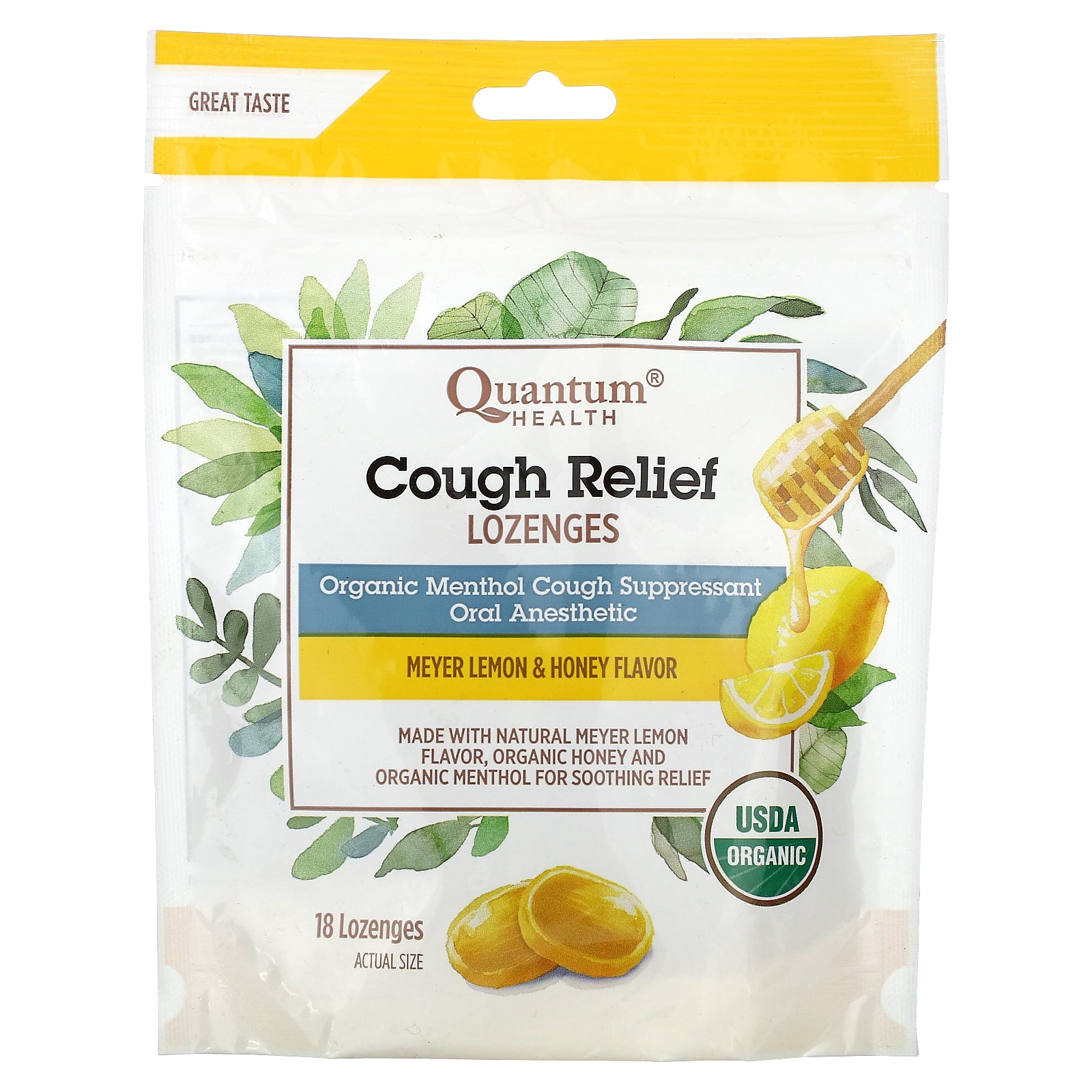 Quantum Health, Cough Relief Lozenges, Meyer Lemon & Honey, 5 mg, 18 Lozenges