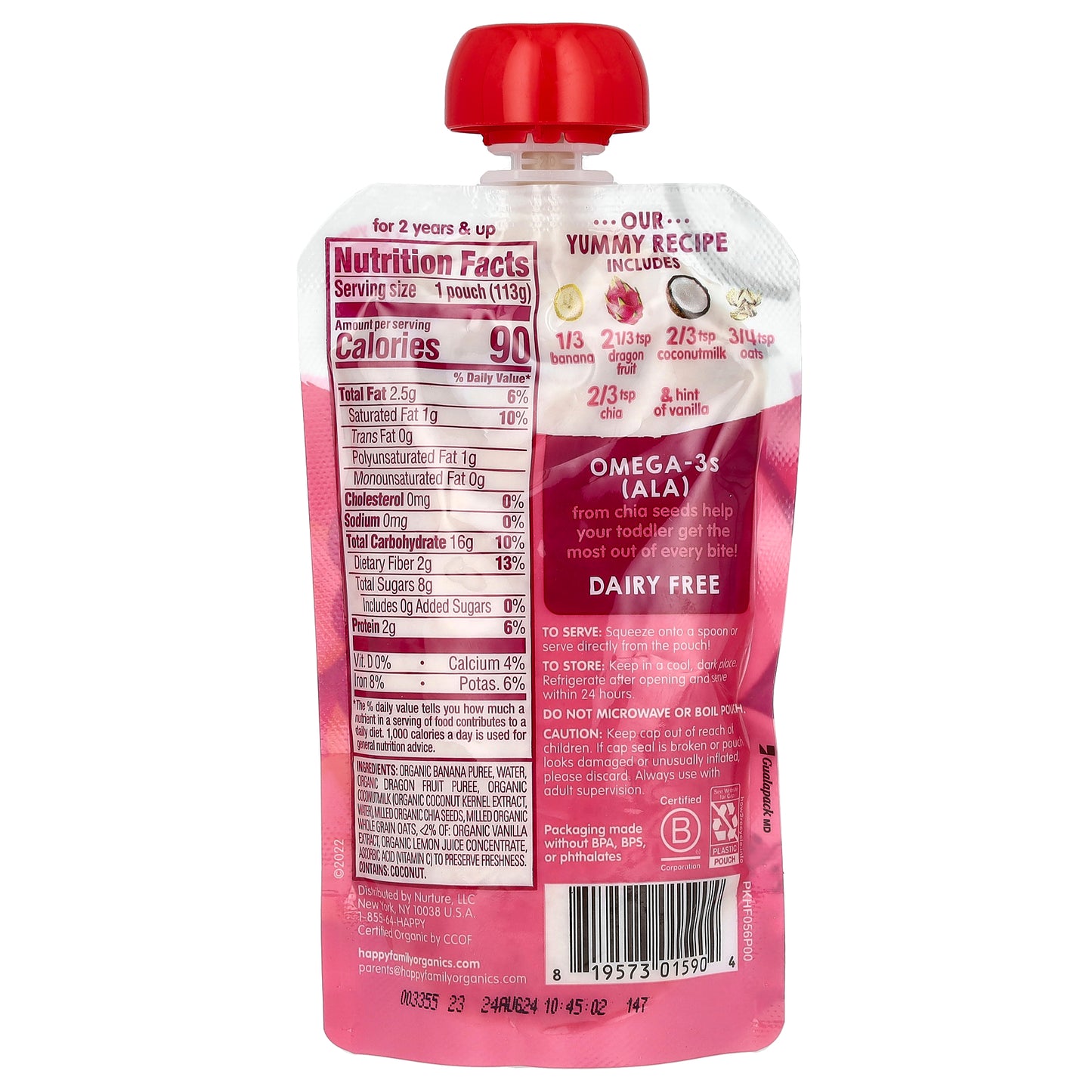 Happy Family Organics, Happy Tot®, Super Morning, Dairy Free, For 2+ Years, Organic Bananas, Dragon Fruit, Coconutmilk, Oats & Chia, 4 oz (113 g)
