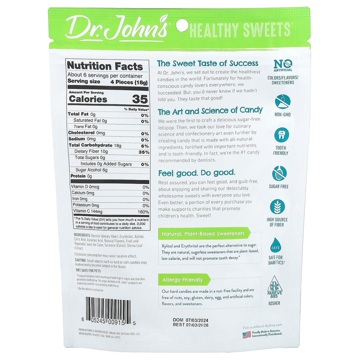 Dr. John's Healthy Sweets, Lemon Hard Candy, + Fiber & Vitamin C, Sugar Free, 3.85 oz (109 g)