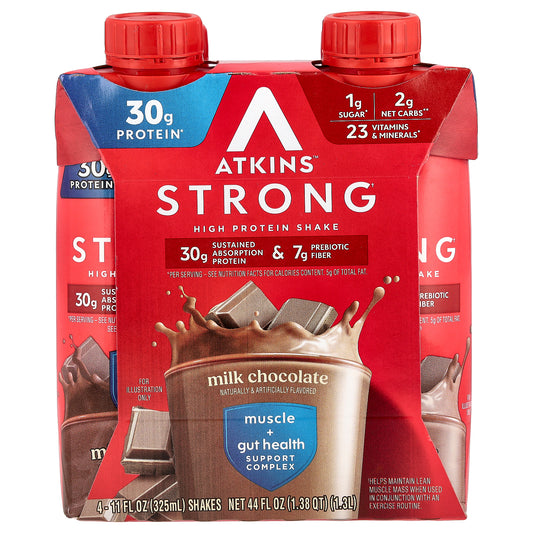 Atkins, Strong, High Protein Shake, Milk Chocolate, 4 Shakes, 11 fl oz (325 ml) Each