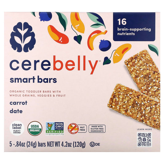 Cerebelly, Smart Bars, Organic Toddler Bars, Carrot Date, 5 Bars, 0.84 oz (24 g) Each