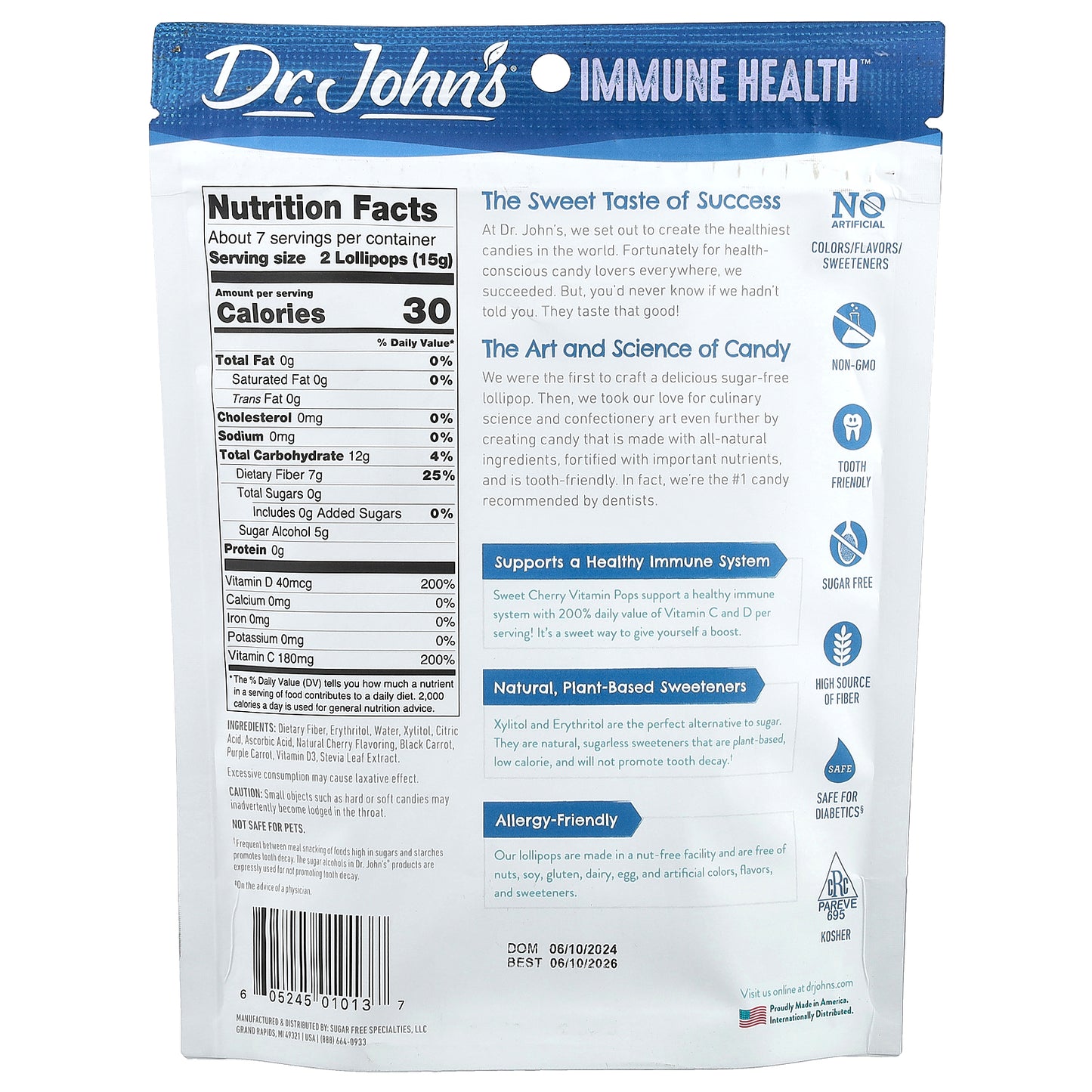 Dr. John's Healthy Sweets, Immune Health™, Vitamin Pops, Sweet Cherry, 14 Individually Wrapped Lollipops, 3.85 oz (109 g)