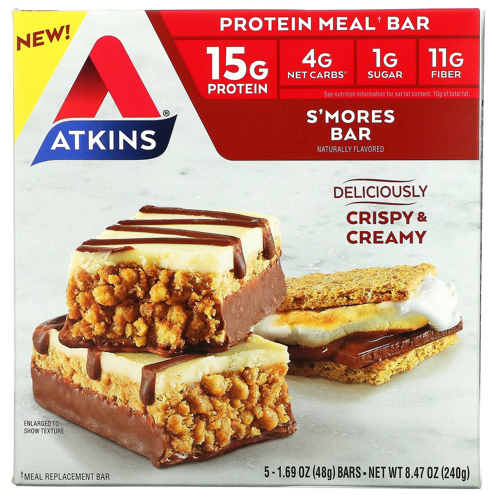 Atkins, Protein Meal Bar, S'mores Bar, 5 Bars, 1.69 oz (48 g) Each