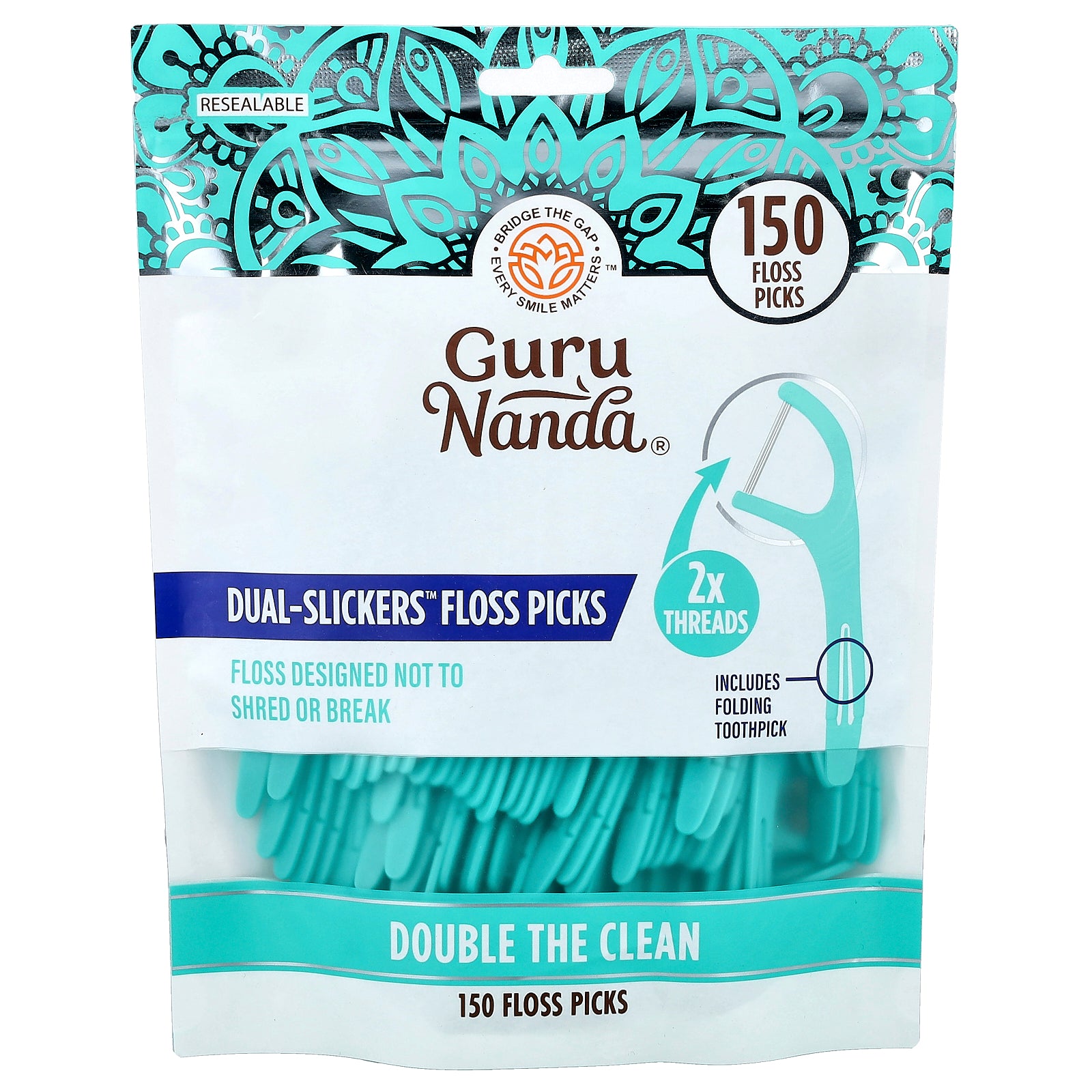 GuruNanda, Dual-Slickers™ Floss Picks, 150 Floss Picks