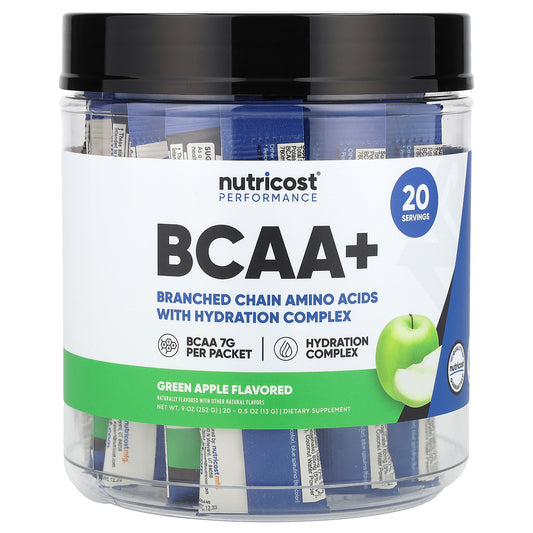 Nutricost, Performance, BCAA+, Green Apple, 20 Packets, 0.5 oz (13 g) Each