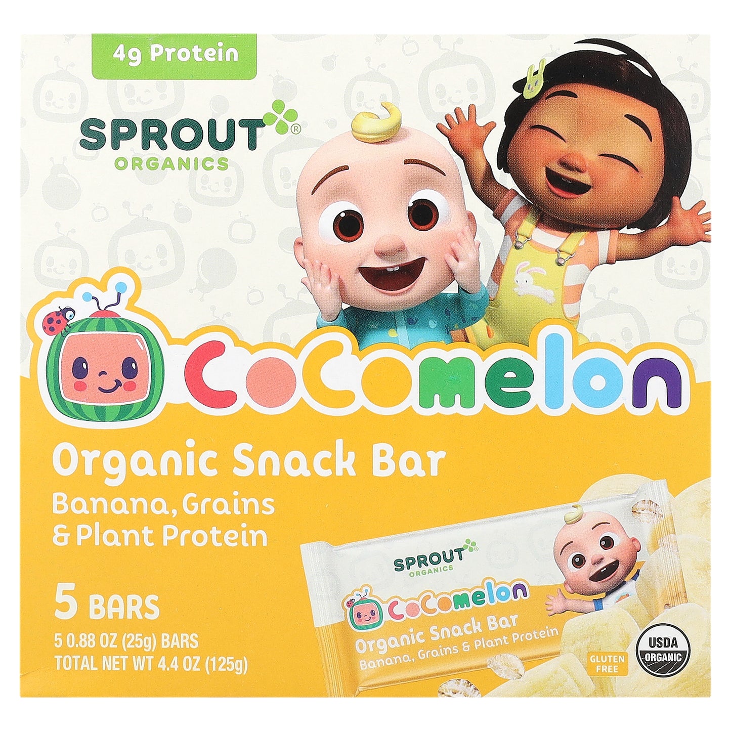 Sprout Organics, Cocomelon, Organic Snack Bar, 2 Years and Up, Banana, Grains & Plant Protein , 5 Bars, 0.88 oz (25 g) Each