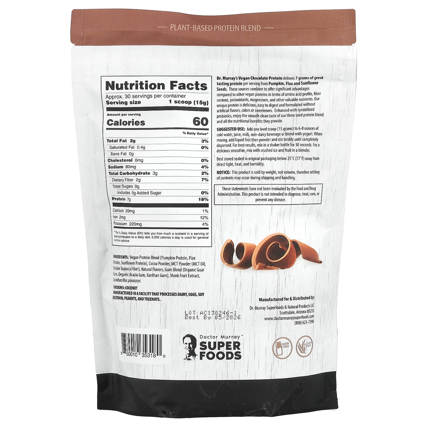 Dr. Murray's, Super Foods, 3 Seed Protein Powder, Pumpkin + Flax + Sunflower, Chocolate, 16 oz (453.5 g)