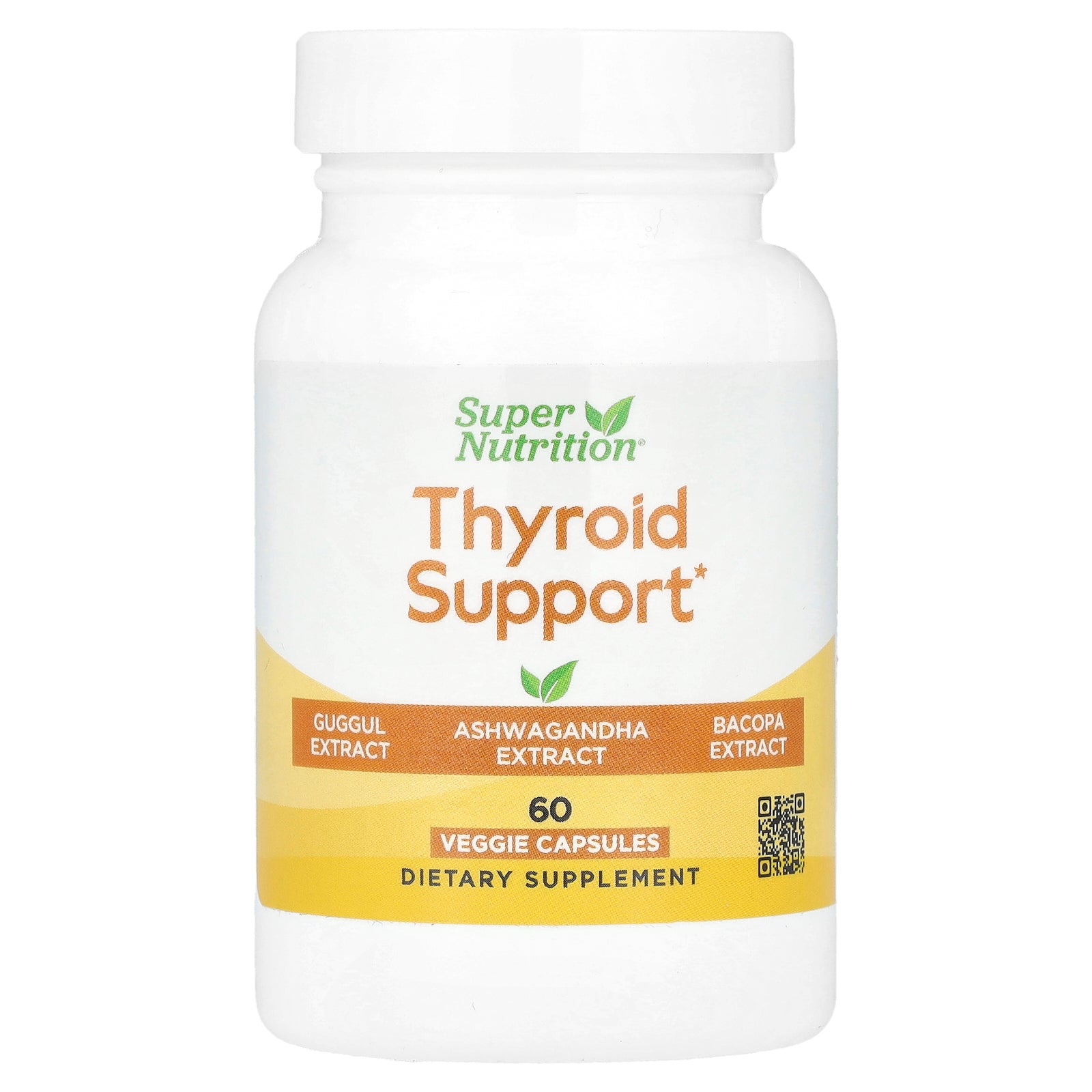 Super Nutrition, Thyroid Support with Guggul, Ashwagandha, Bacopa and Green Tea Extracts, 60 Veggie Capsules