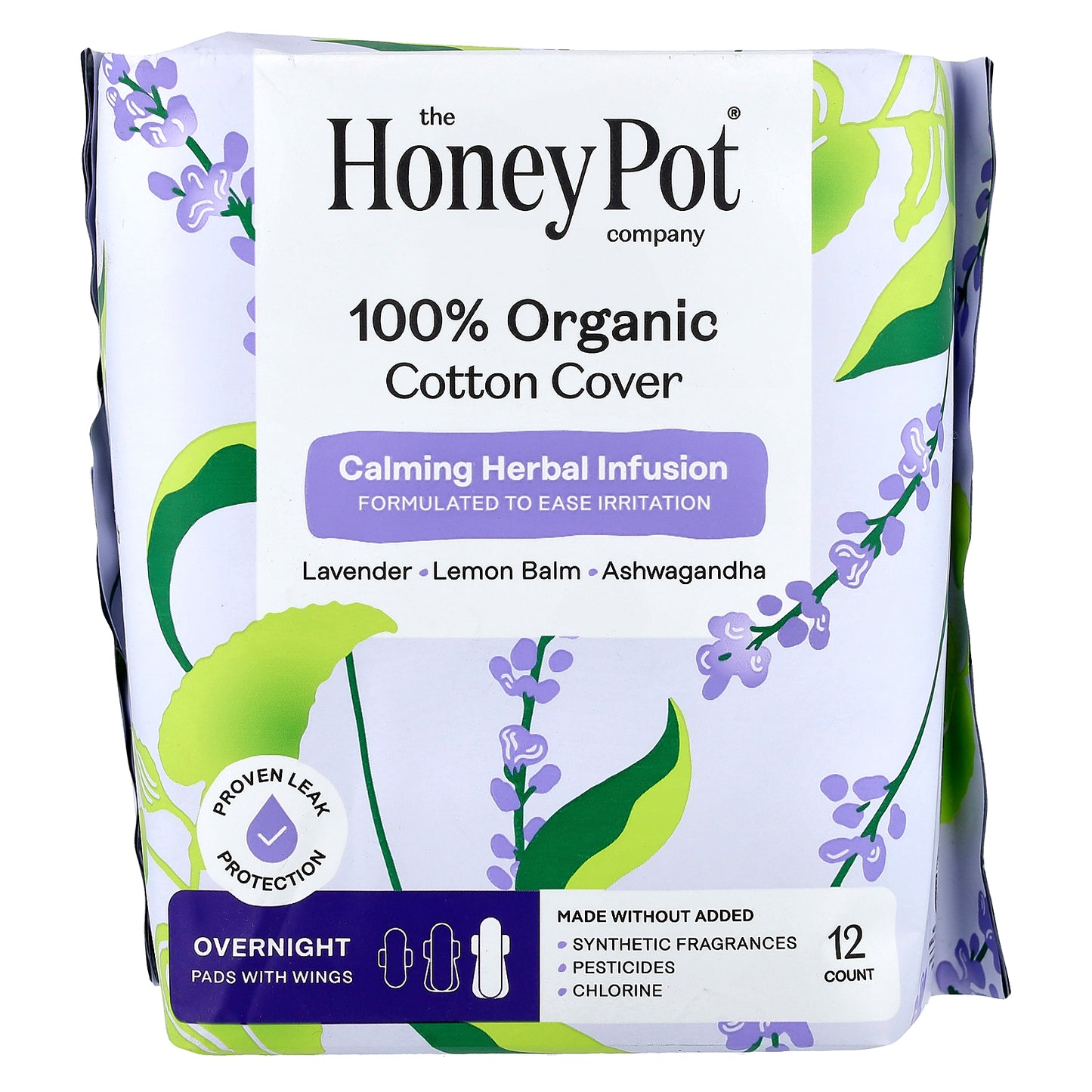 The Honey Pot Company, Organic Calming Herbal Infusion, Pads with Wings, Overnight, 12 Count