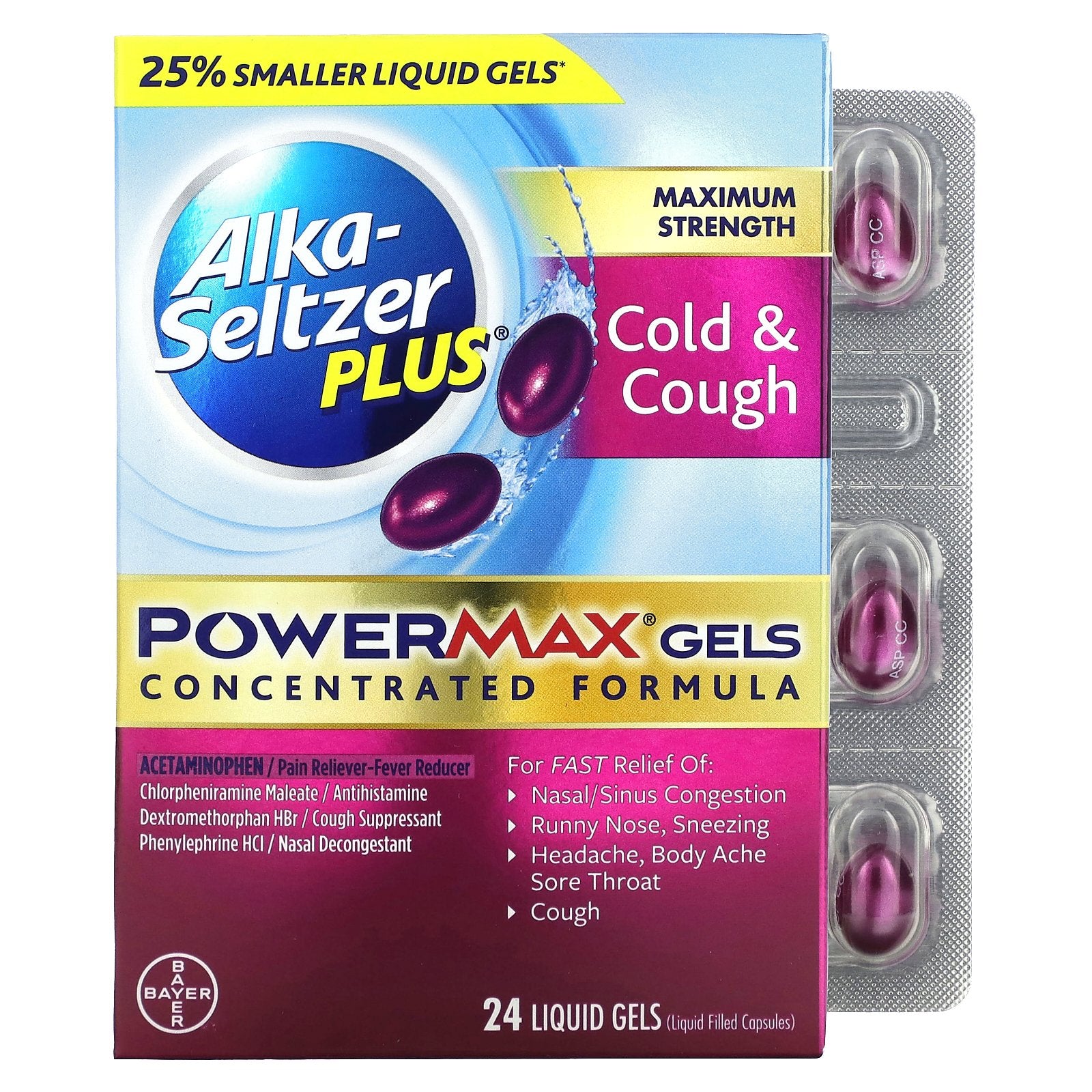 Alka-Seltzer Plus, Cold & Cough PowerMax Gels, Maximum Strength , 24 Liquid Gels