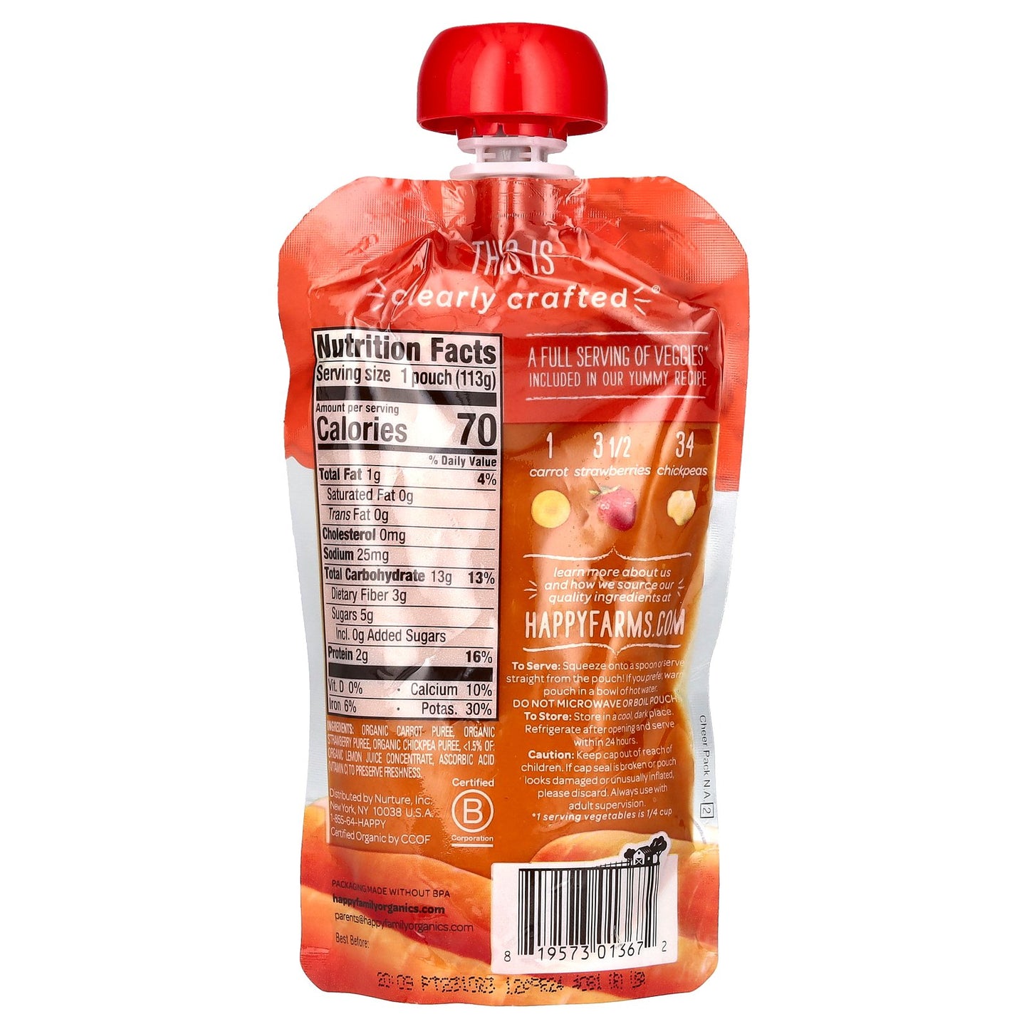 Happy Family Organics, Happy Baby®, Organic Baby Food, 6+ Months, Carrots, Strawberries & Chickpeas, 4 oz (113 g)