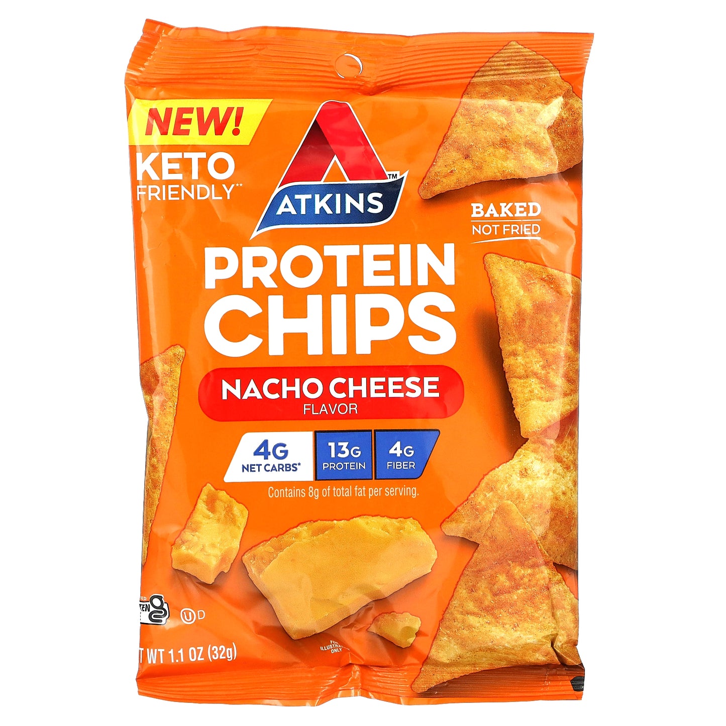 Atkins, Protein Chips, Nacho Cheese, 8 Bags, 1.1 oz (32 g) Each