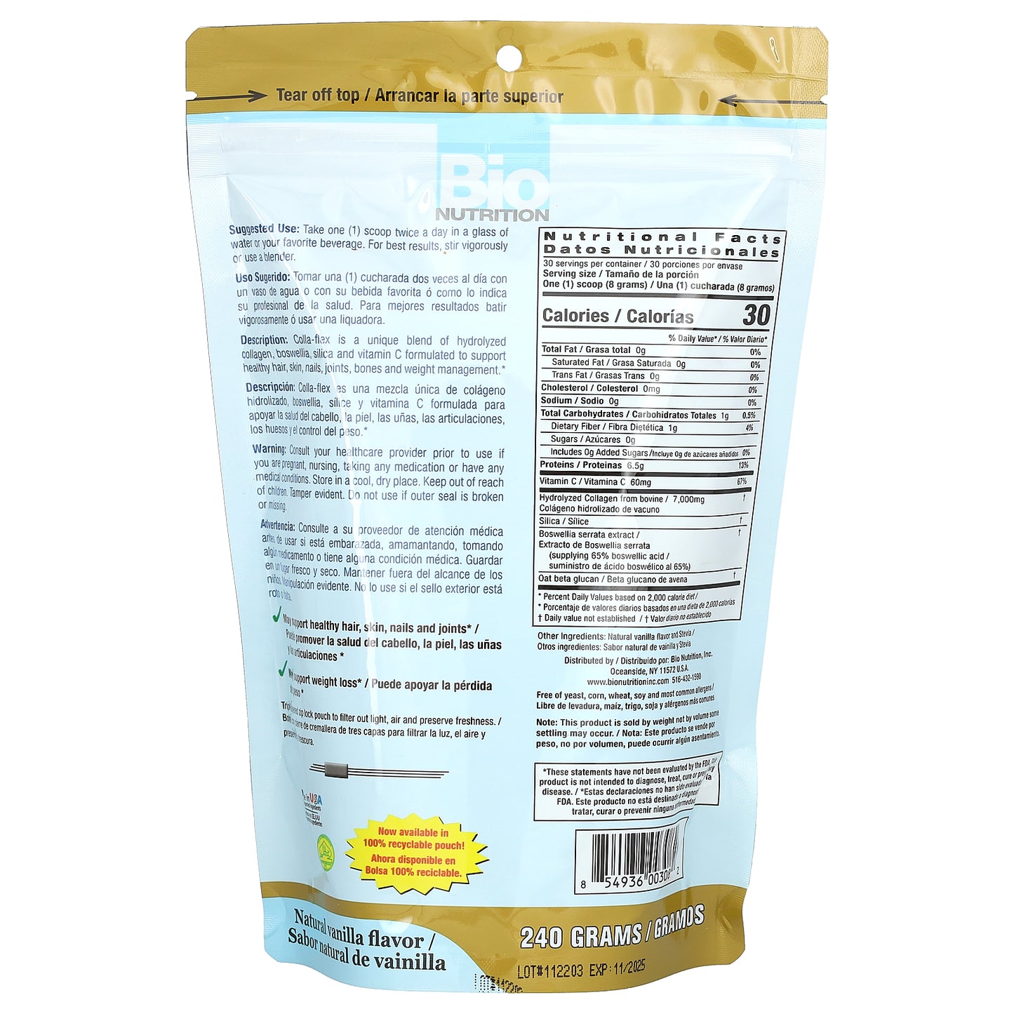 Bio Nutrition, Colla-Flex, Hydrolyzed Collagen with Boswellia, Silica & Vitamin C, Natural Vanilla, 240 g