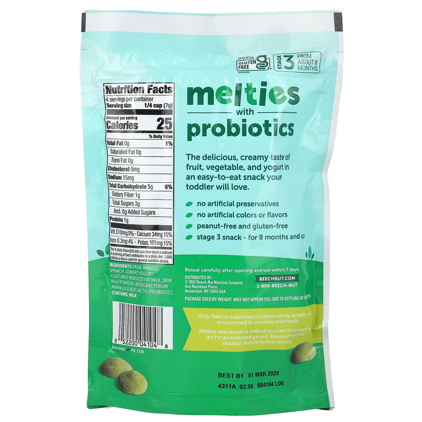 Beech-Nut, Melties with Probiotics, 8+ Months, Pear, Mango, Spinach & Yogurt, 1 oz (28 g)