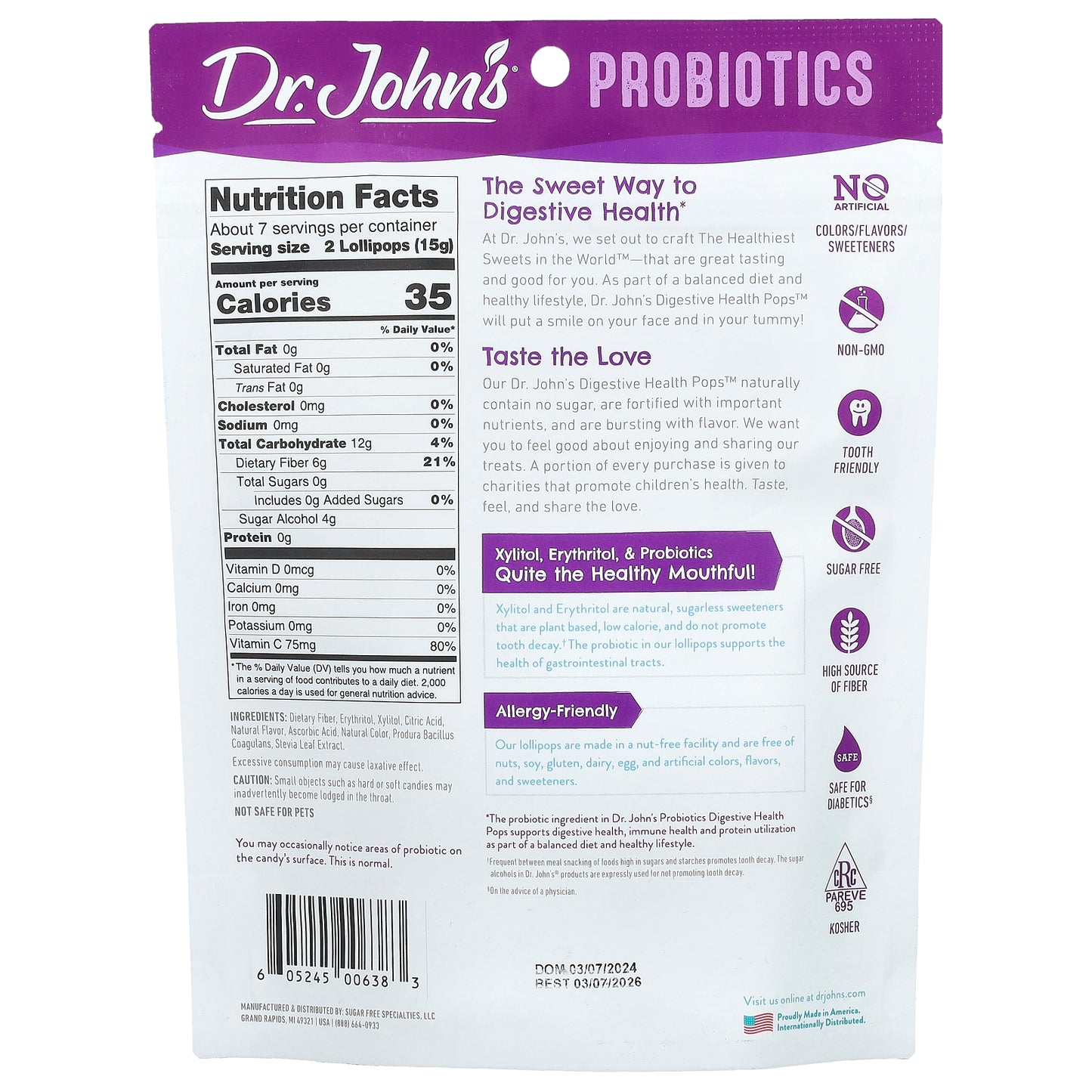 Dr. John's Healthy Sweets, Probiotics, Digestive Health Pops™, + Fiber & Vitamin C, Strawberry, Peach & Apple, 14 Individually Wrapped Lollipops, 3.85 oz (109 g)