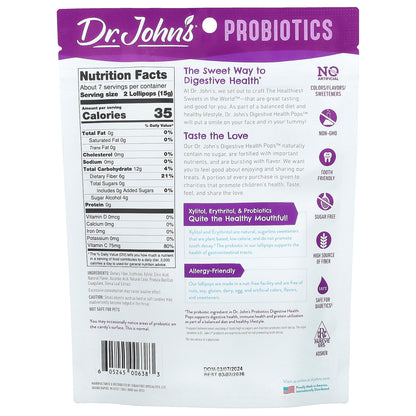 Dr. John's Healthy Sweets, Probiotics, Digestive Health Pops™, + Fiber & Vitamin C, Strawberry, Peach & Apple, 14 Individually Wrapped Lollipops, 3.85 oz (109 g)