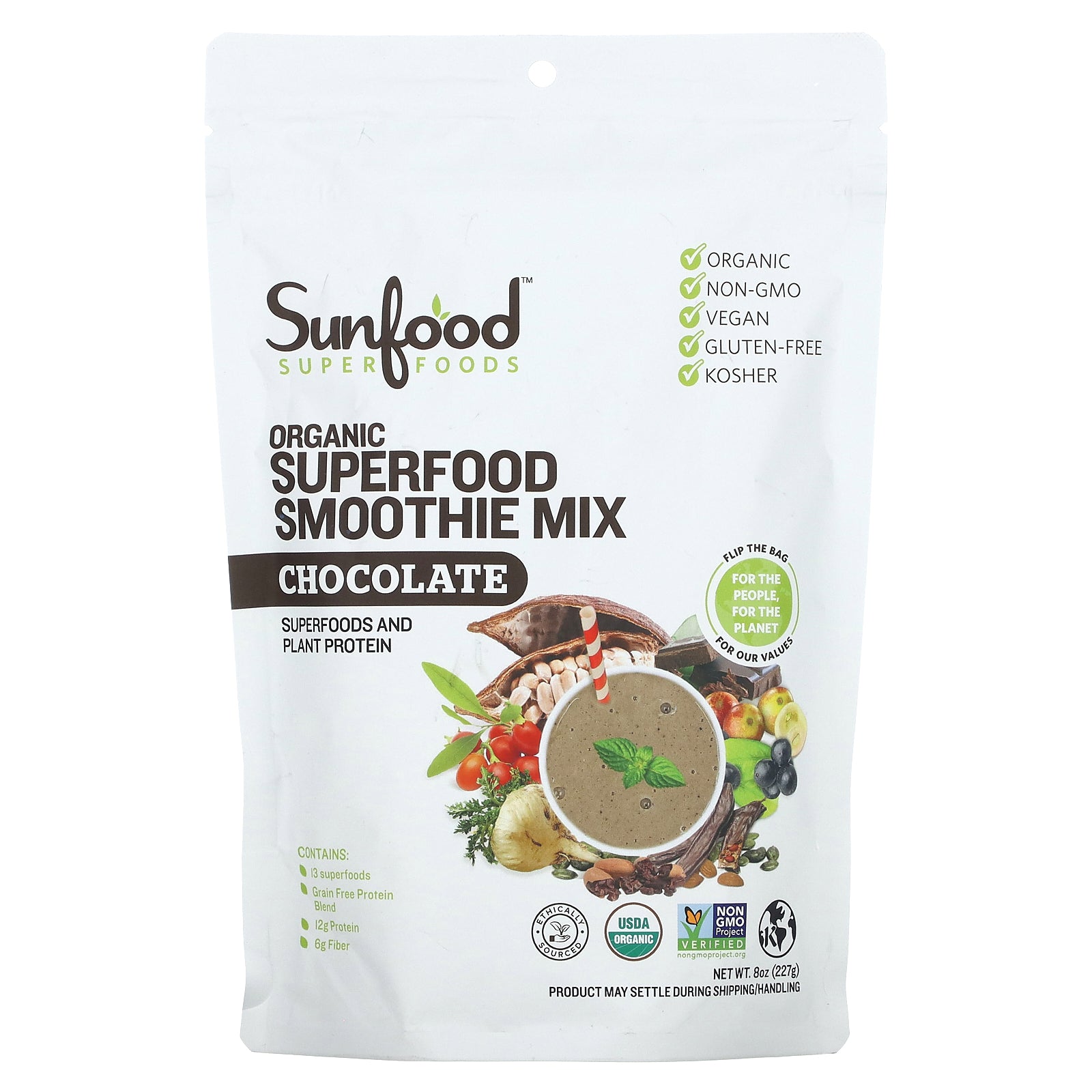 Sunfood, Organic Superfood Smoothie Mix, Chocolate, 8 oz (227 g)