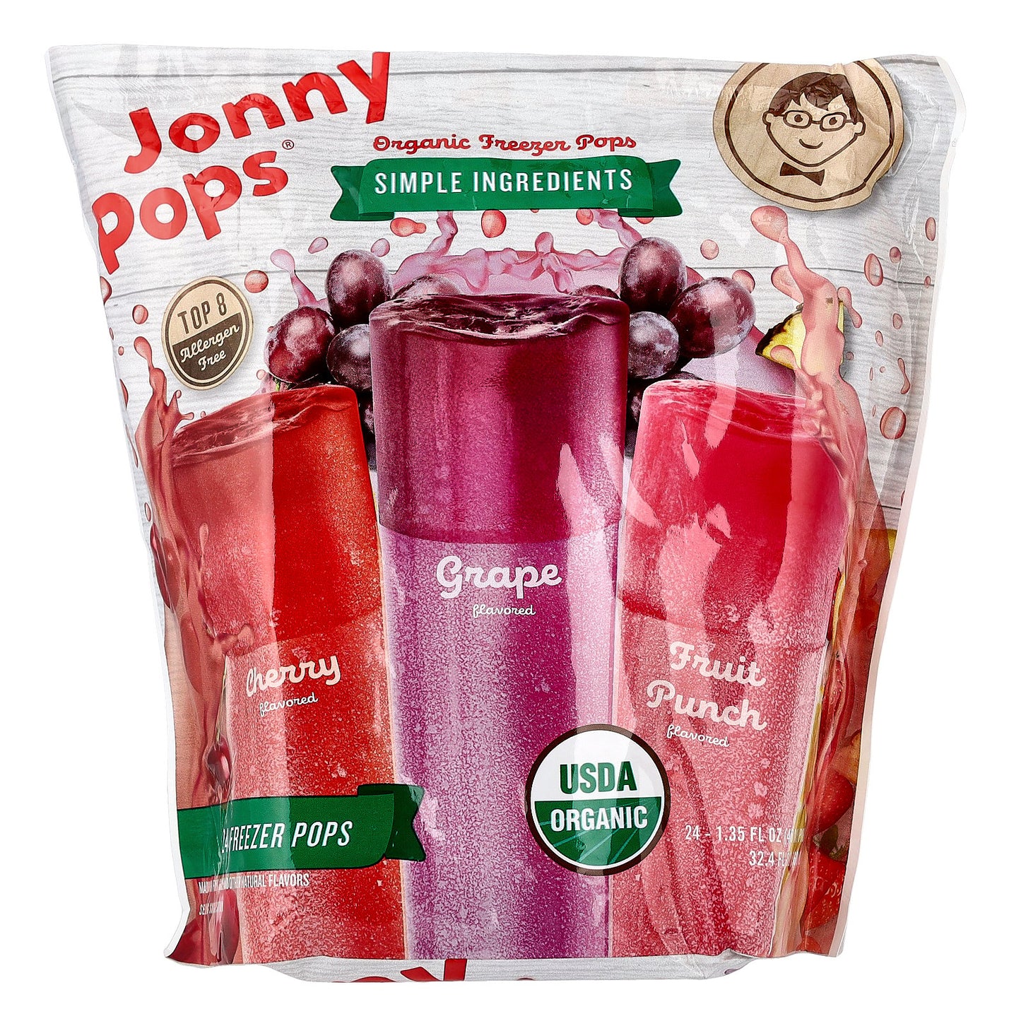 JonnyPops, Organic Freezer Pops, Cherry, Grape, Fruit Punch , 24 Count, 1.35 fl oz (40 ml) Each