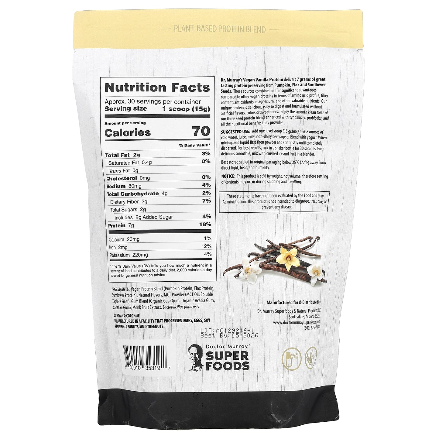 Dr. Murray's, Super Foods, 3 Seed Protein Powder, Pumpkin + Flax + Sunflower, Vanilla, 16 oz (453.5 g)